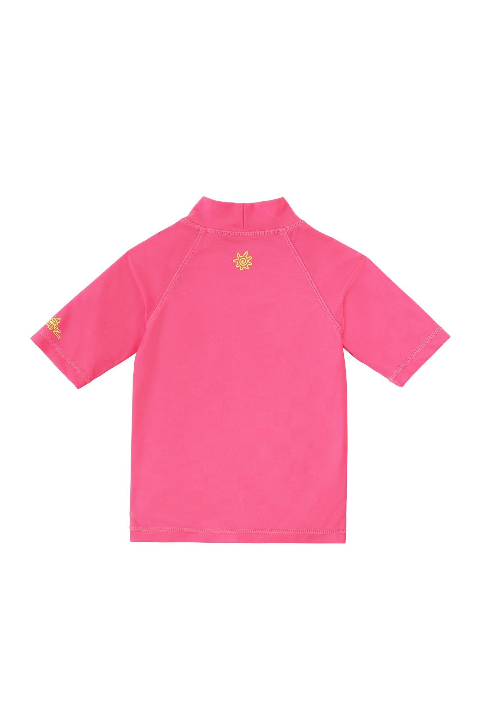 back view of kids neon magic print sun and swim shirt|neon-checkers