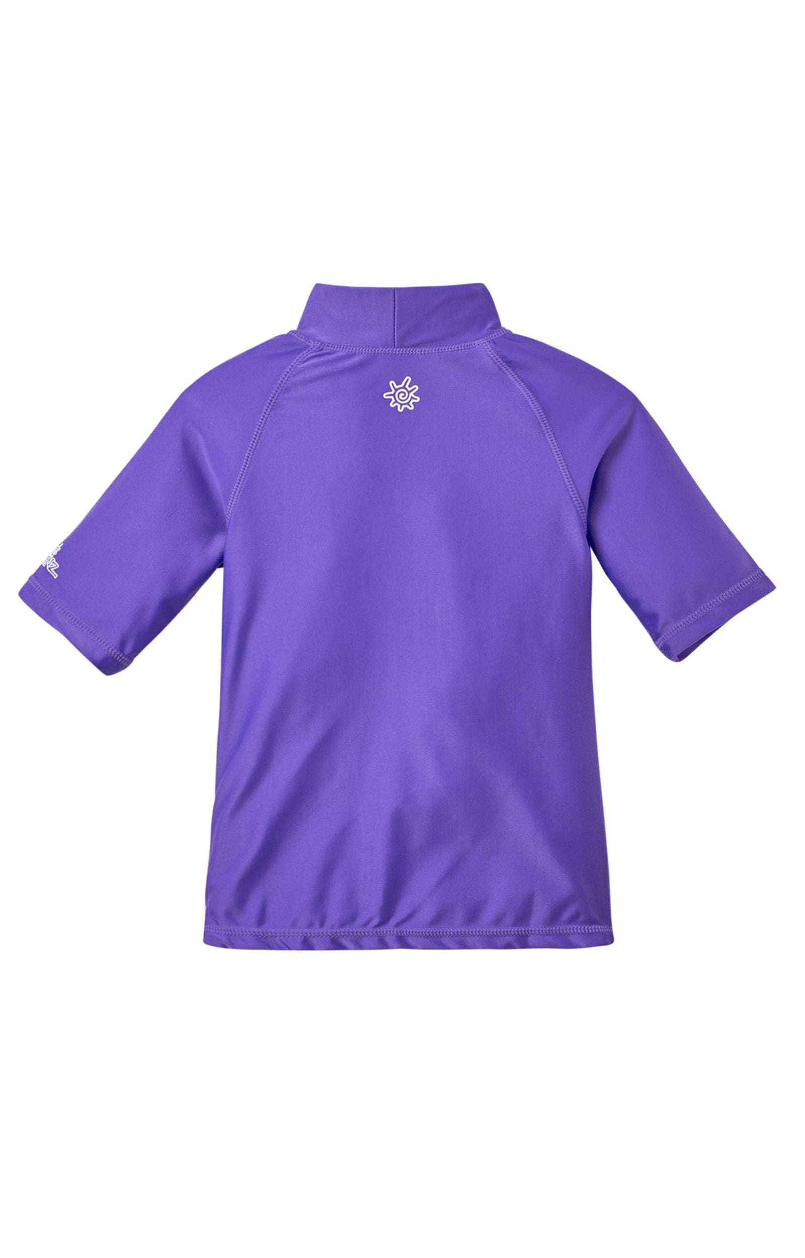 Back view of the kid's short sleeve swim shirt in purple|purple