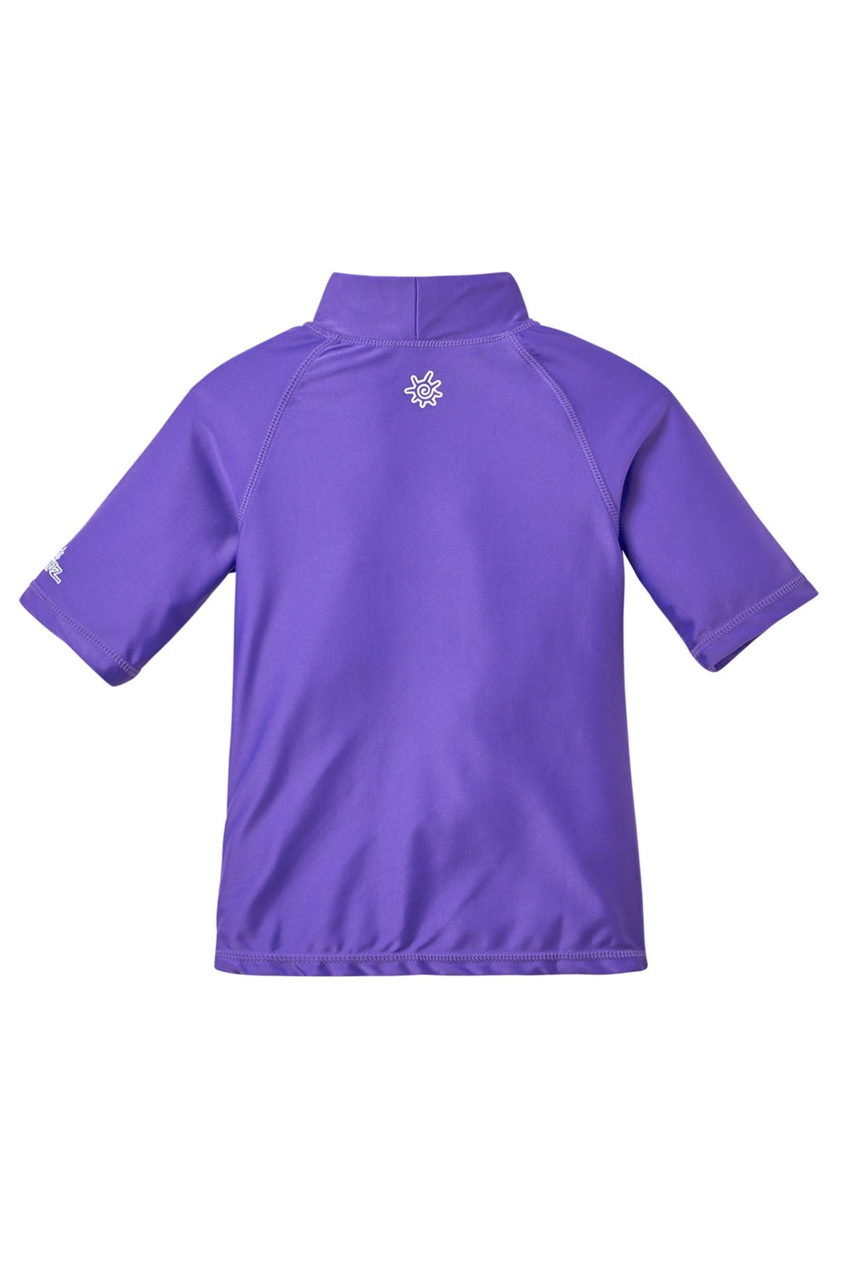 Back view of the kid's short sleeve swim shirt in purple|purple