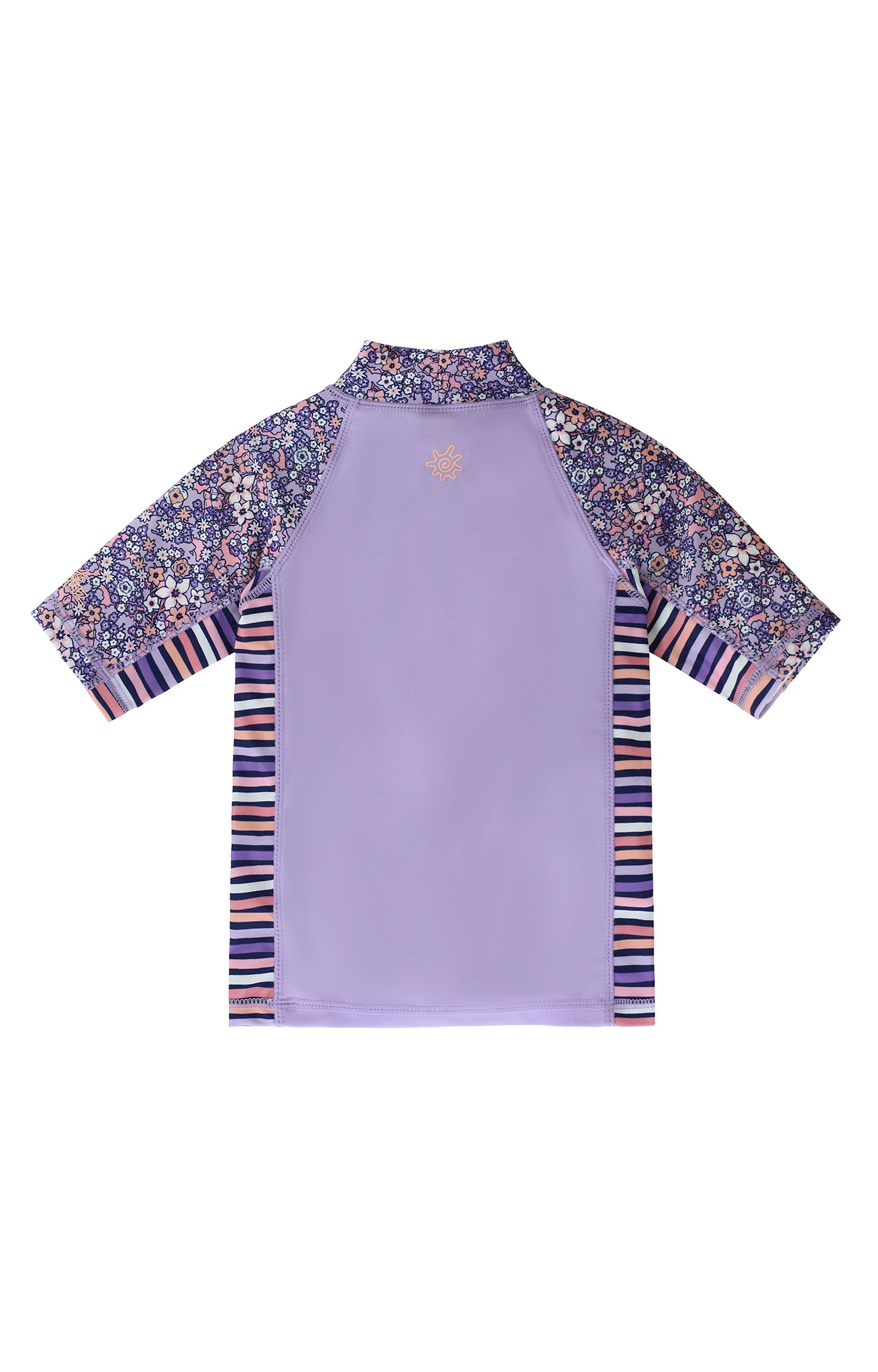 back of the girl's short sleeve sunny swim shirt in lavender fields|lavender-fields