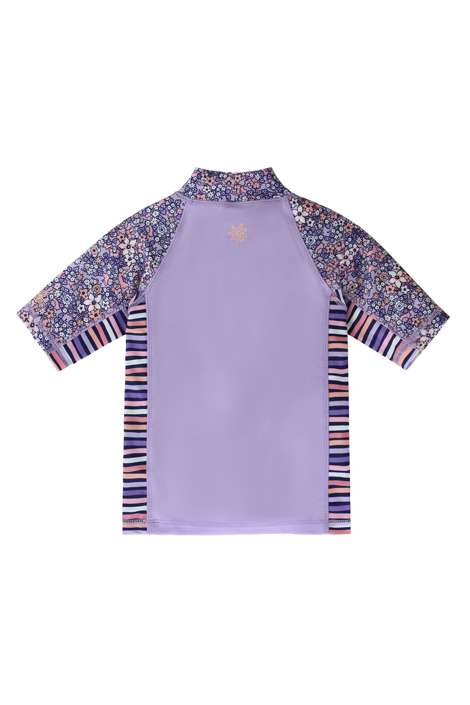 back of the girl's short sleeve sunny swim shirt in lavender fields|lavender-fields