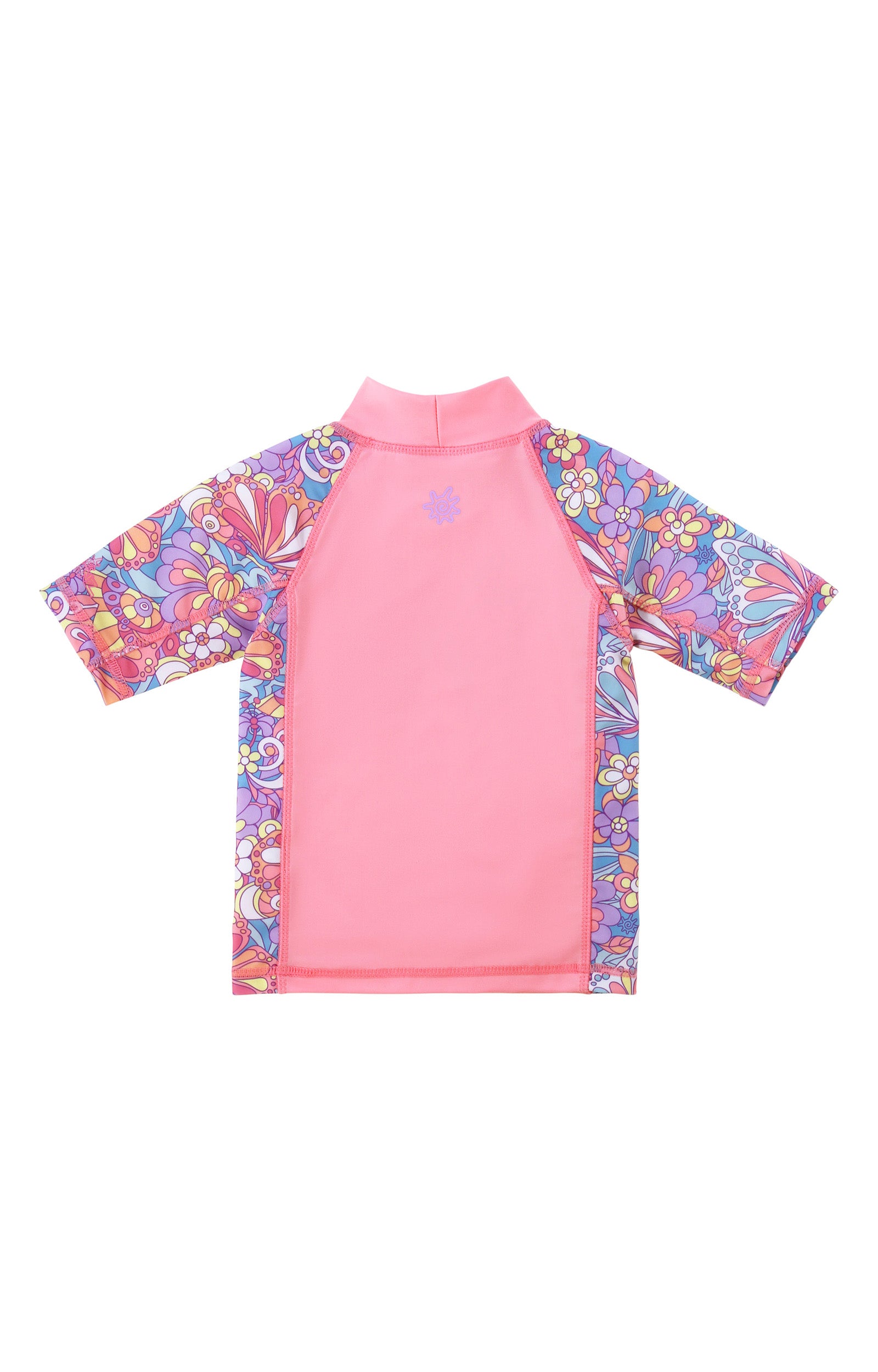 back view of girls short sleeve sunny swim shirt|mosaic-butterflies