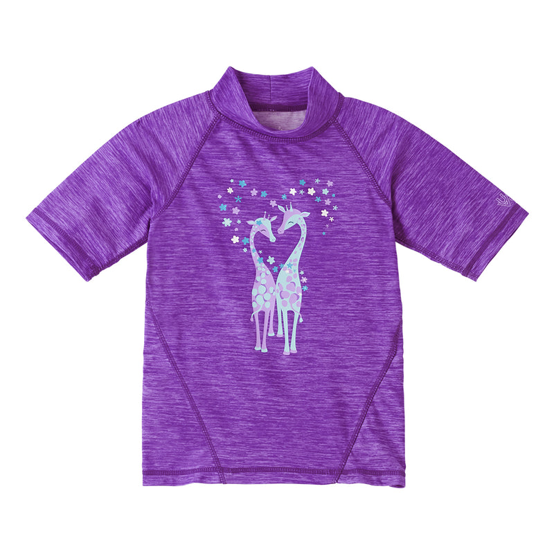 girl's short sleeve sport sun and swim shirt in purple jaspe giraffes|purple-jaspe-giraffes