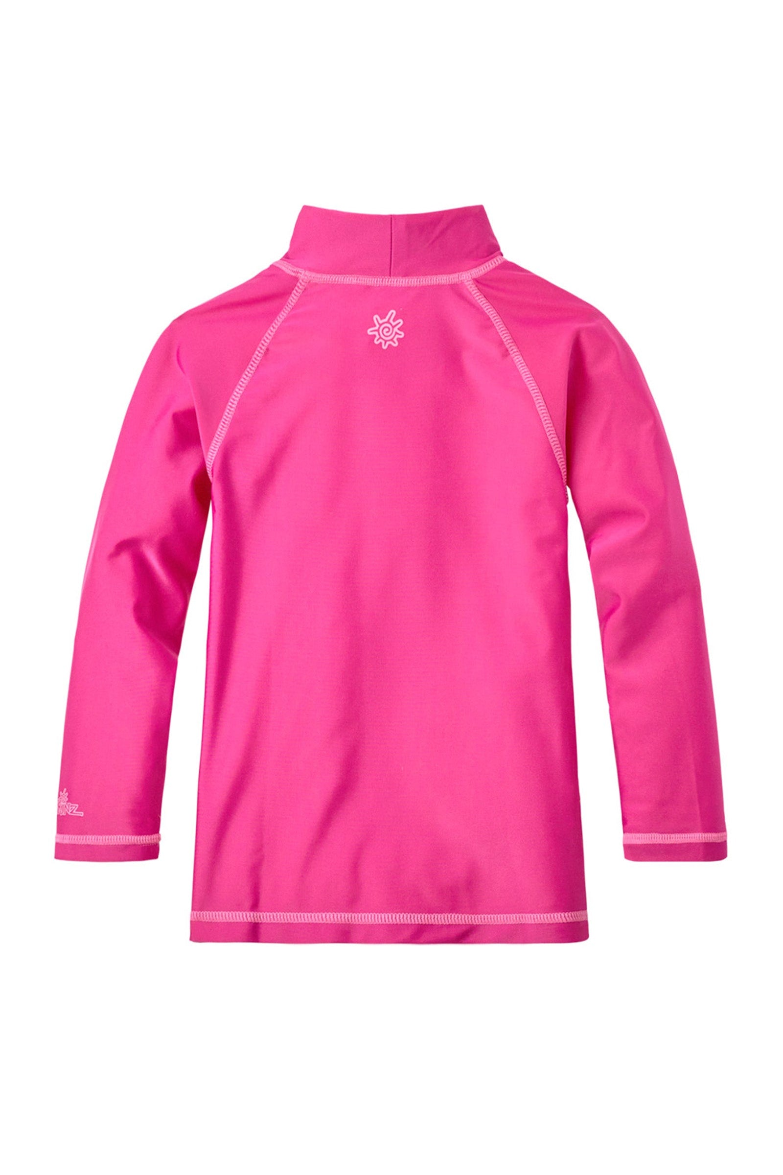 Back of the kid's long sleeve swim shirt in hot pink|hot-pink