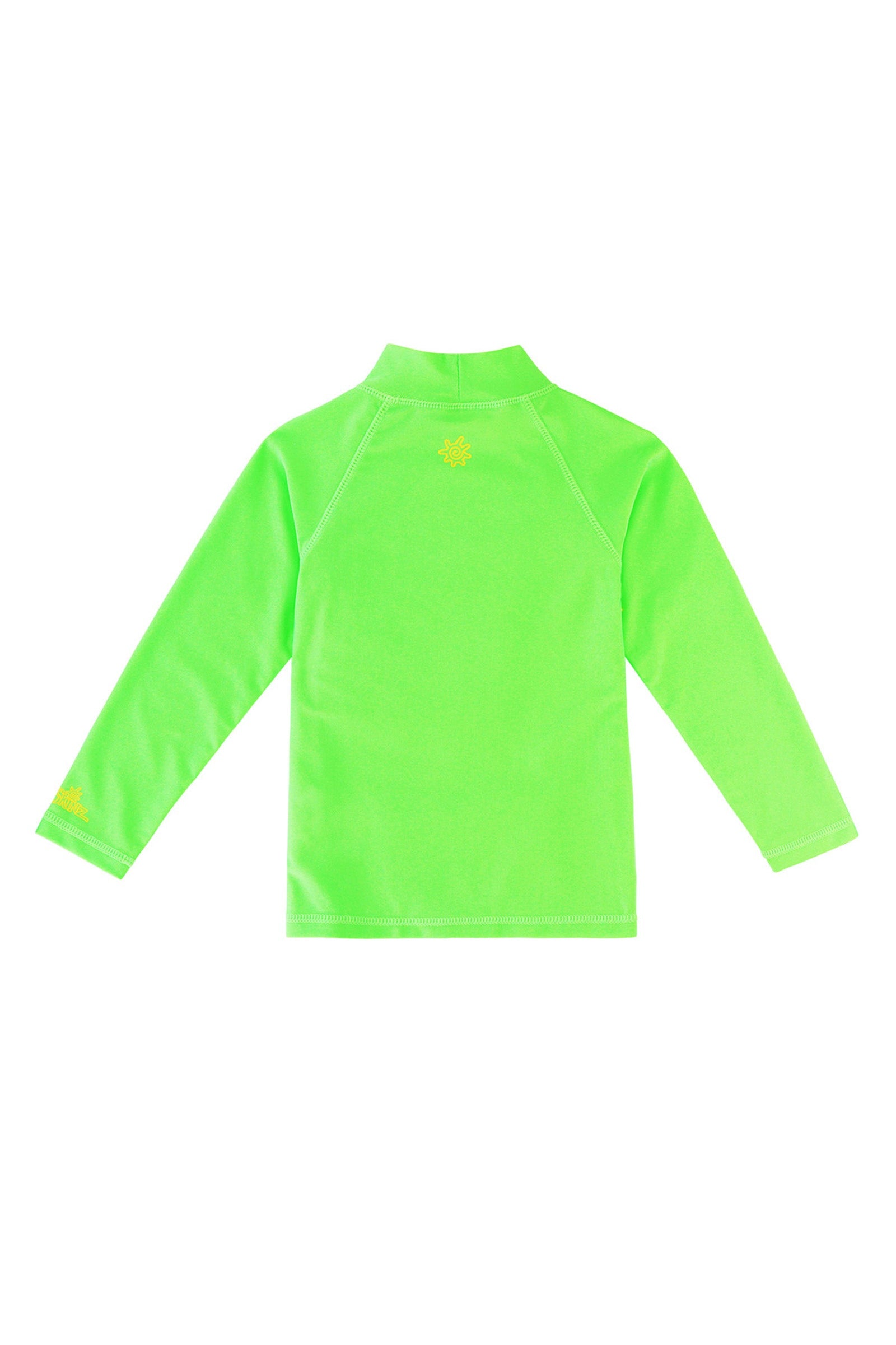 Back of the kid's neon long sleeve swim shirt in neon green|neon-green