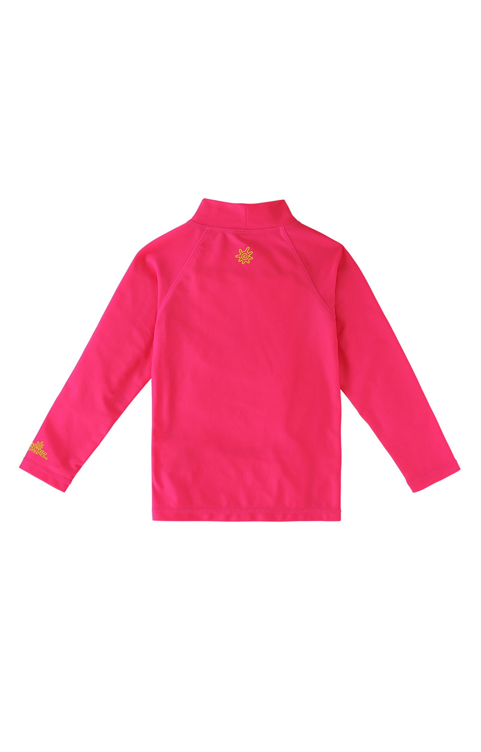 Back of the kid's neon long sleeve swim shirt in neon pink|neon-pink