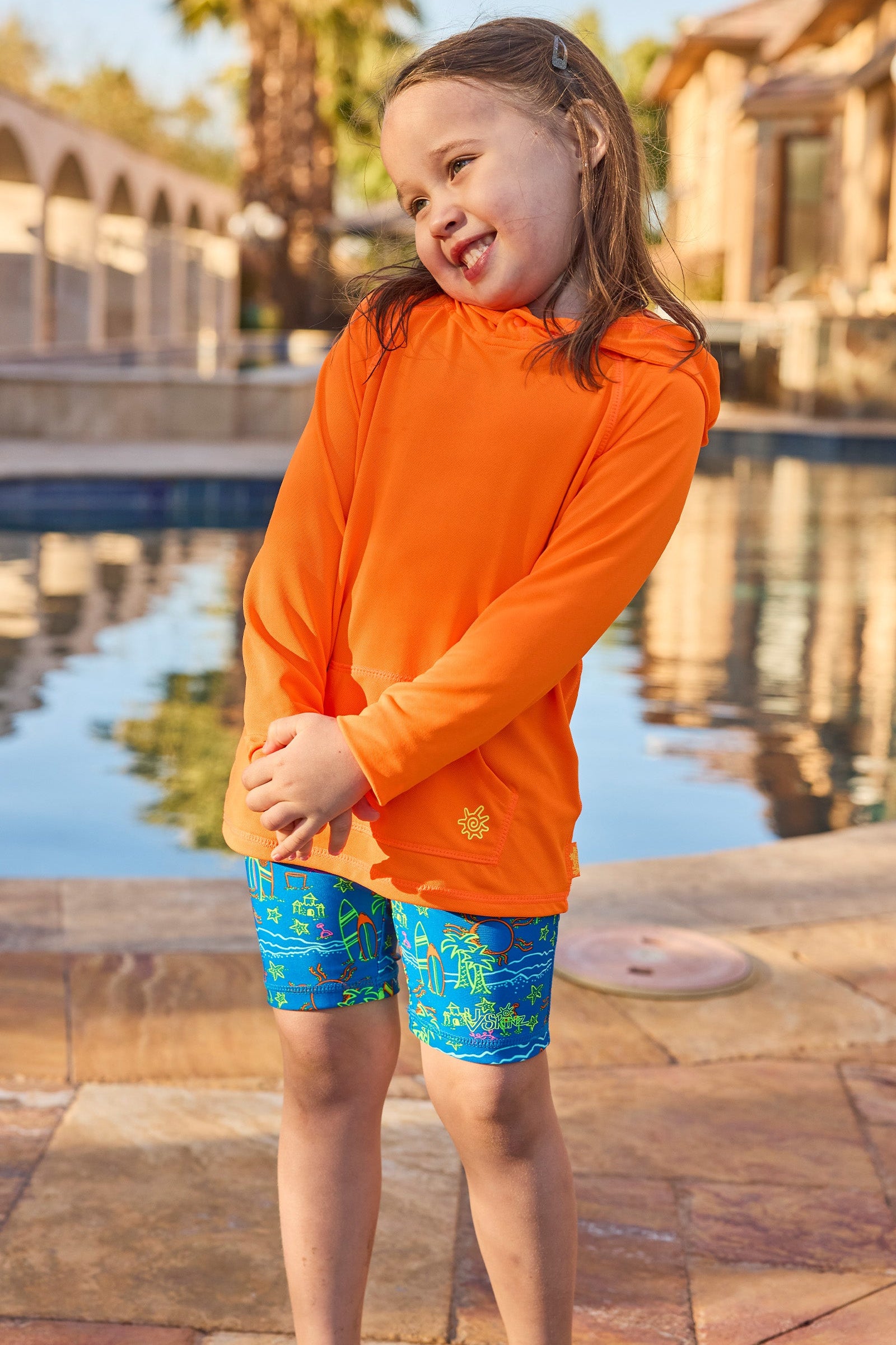 girl by pool in neon upf pullover hoodie|neon-orange