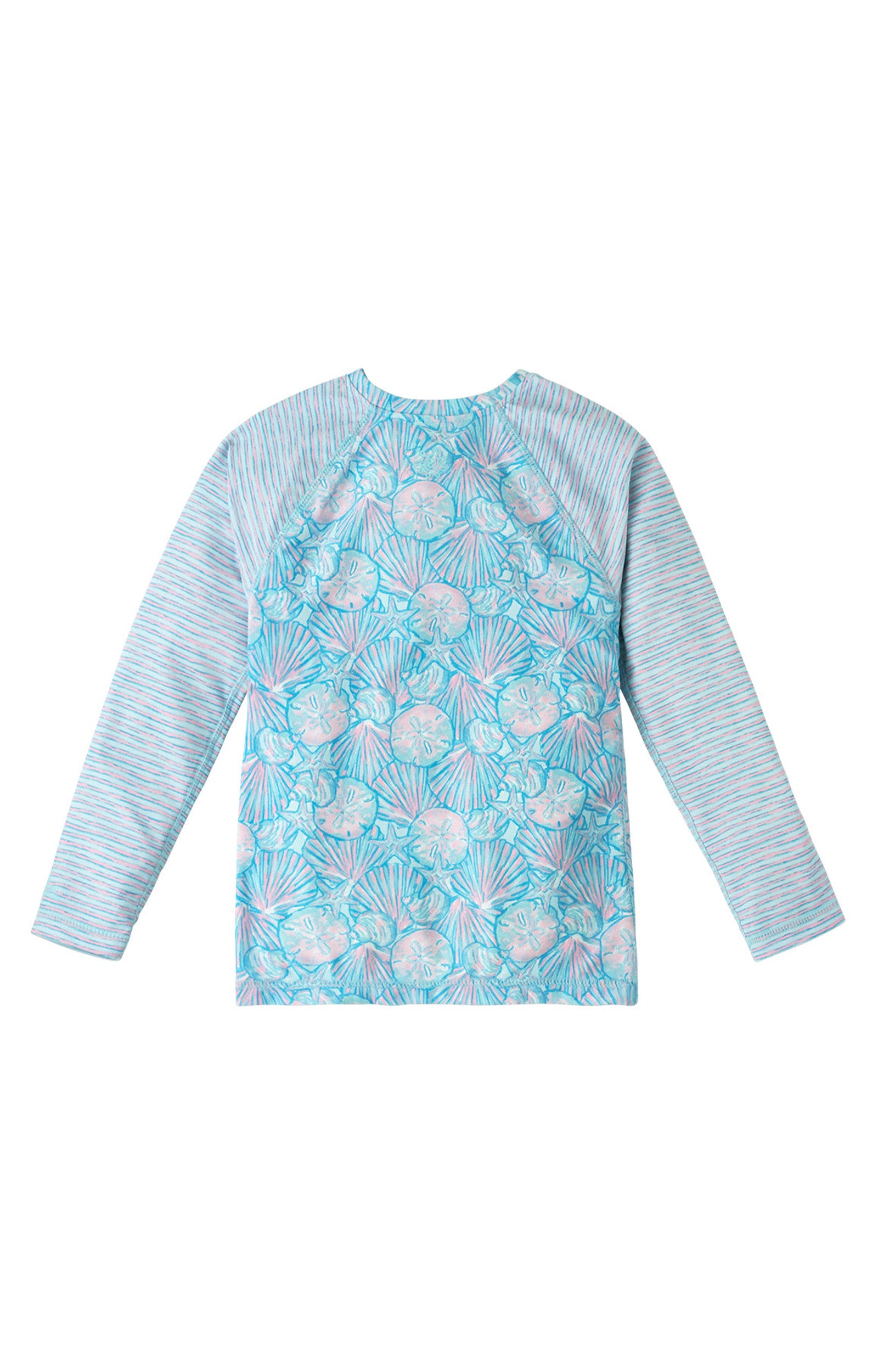 back of UV Skinz's girls long sleeve rash guard in candy shell stripes|candy-shells-stripes
