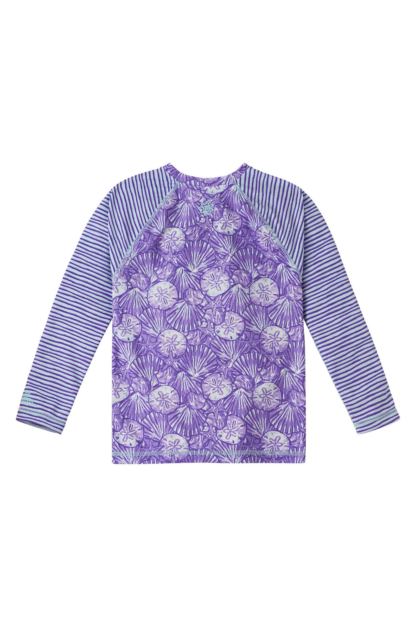 back of UV Skinz's girls long sleeve rash guard in dreamy shells stripe|dreamy-shells-stripes