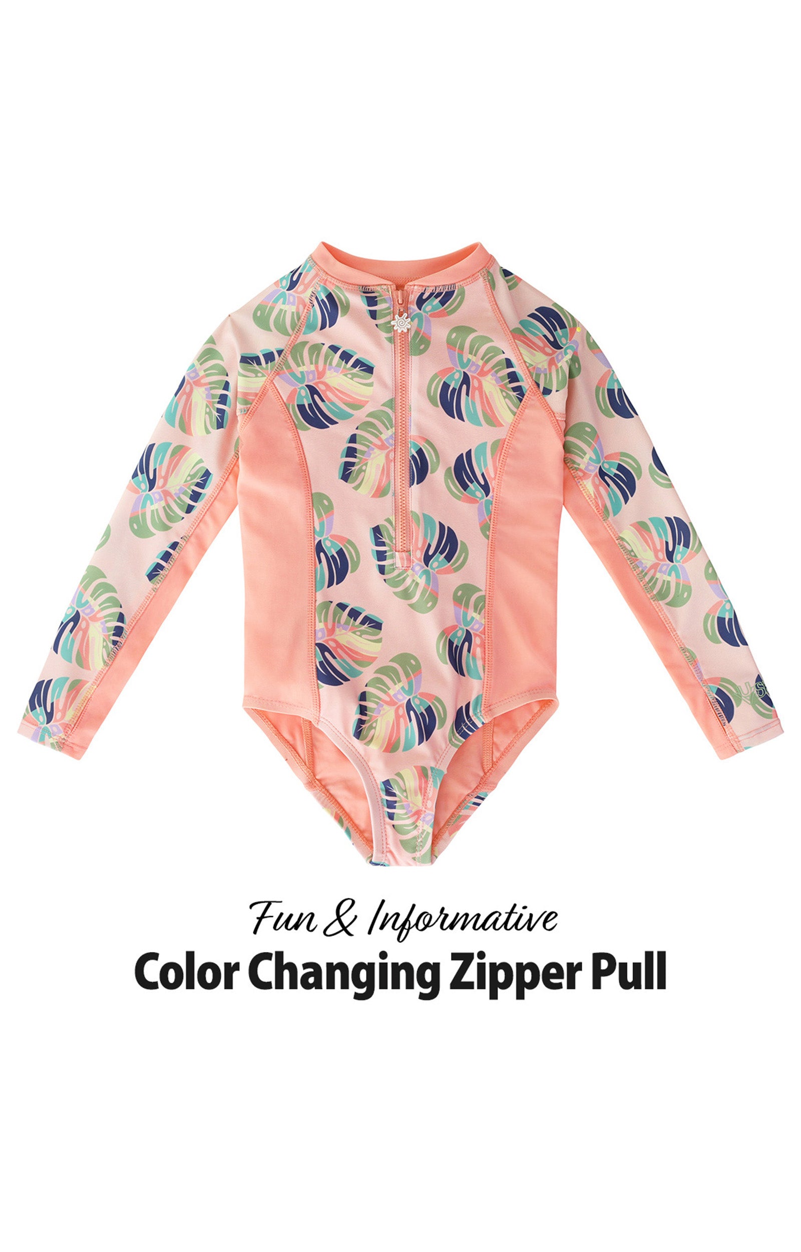 girl's long sleeve swimsuit in rainbow leaf|rainbow-leaf