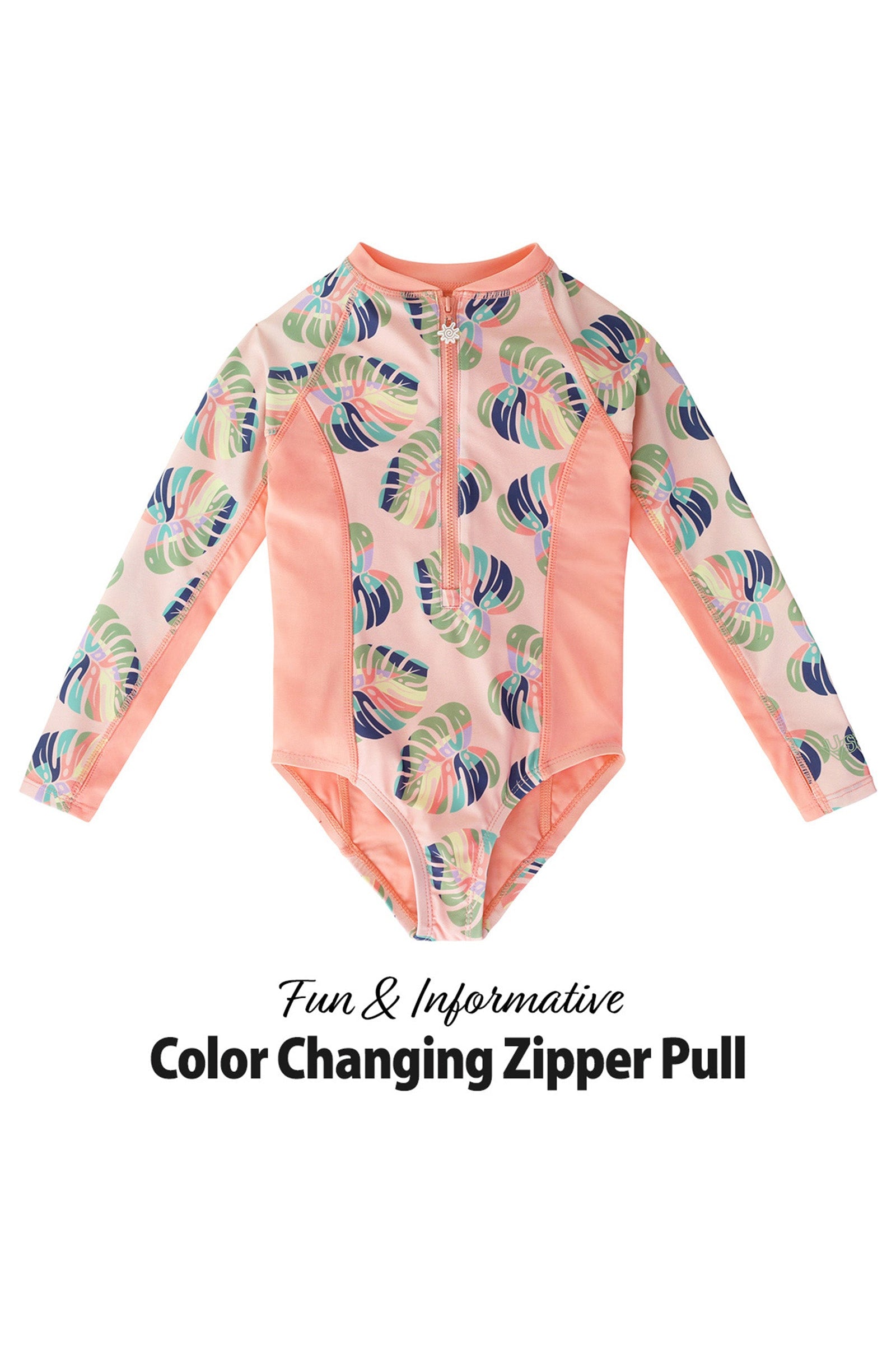 girl's long sleeve swimsuit in rainbow leaf|rainbow-leaf