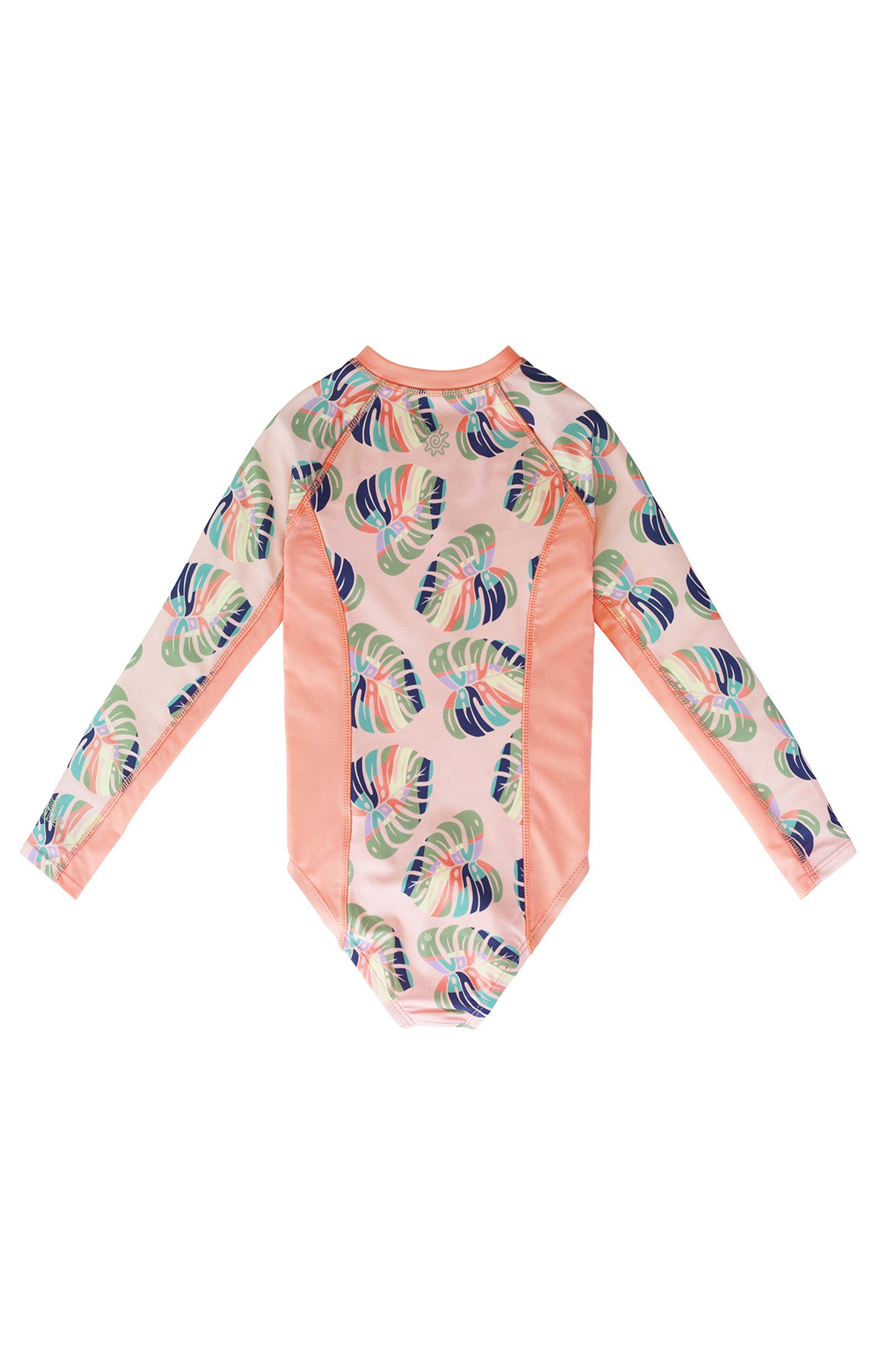 back of the girl's long sleeve swimsuit in rainbow lea|rainbow-leaf