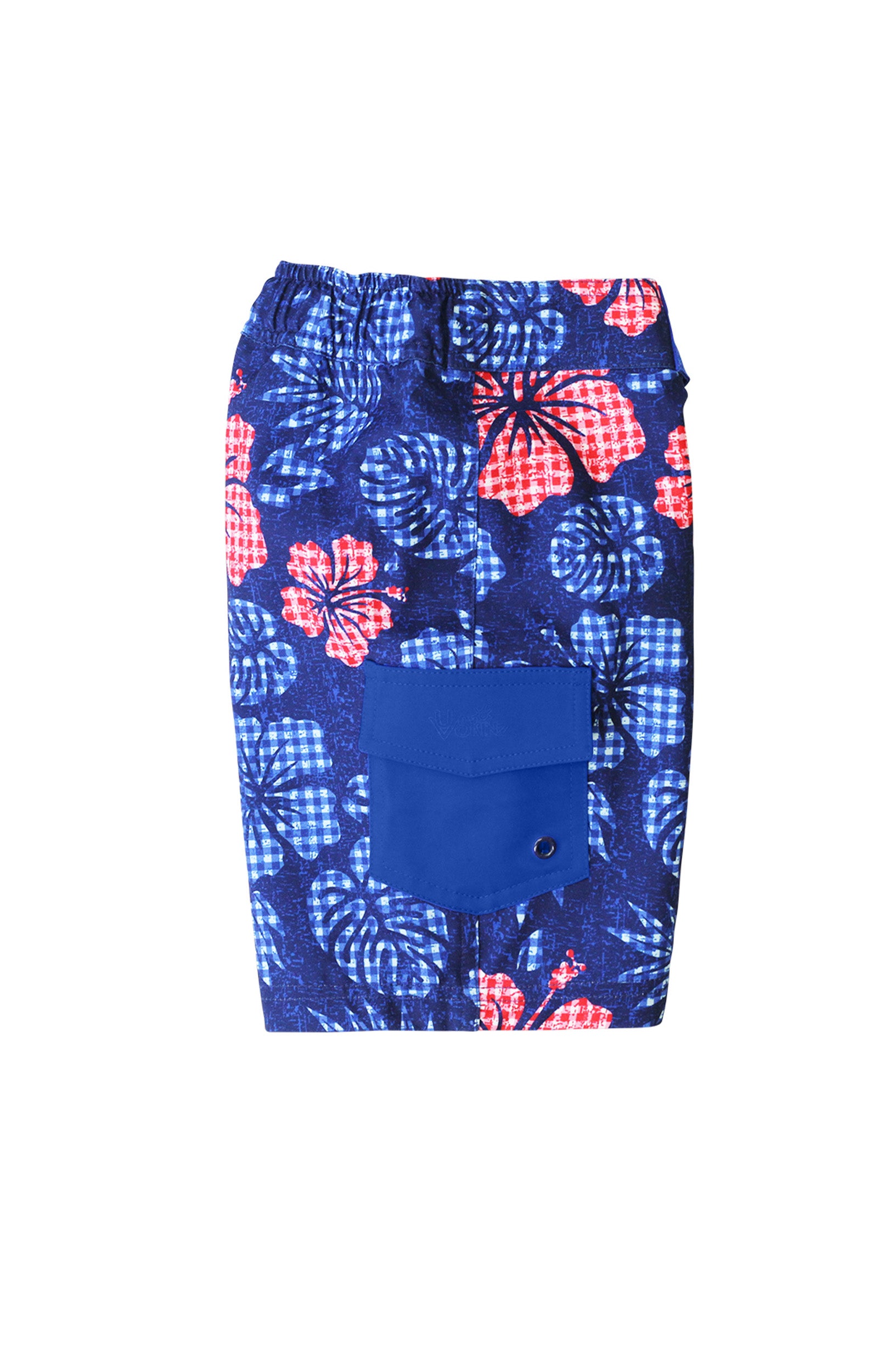 Side View of the Boy's Classic Board Shorts in Dark Navy Hibiscus|dark-navy-hibiscus