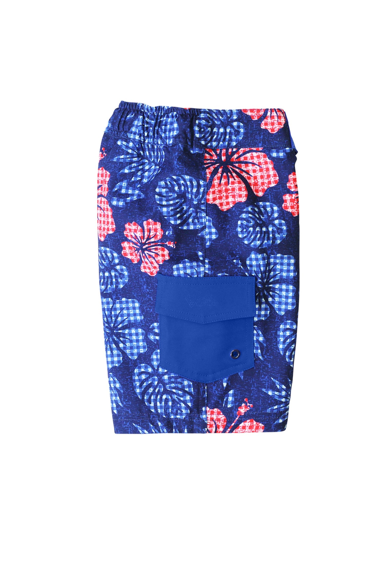 Side View of the Boy's Classic Board Shorts in Dark Navy Hibiscus|dark-navy-hibiscus