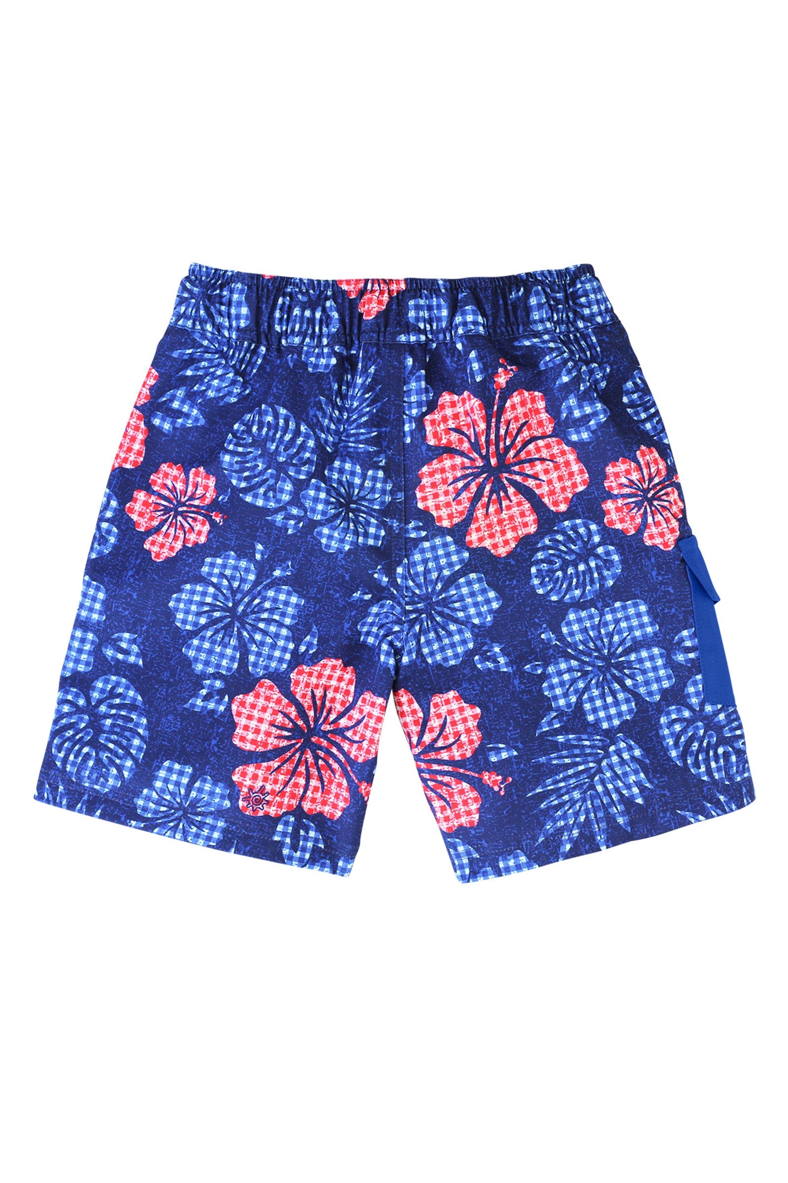 Back View of the Boy's Classic Board Shorts in Dark Navy Hibiscus|dark-navy-hibiscus