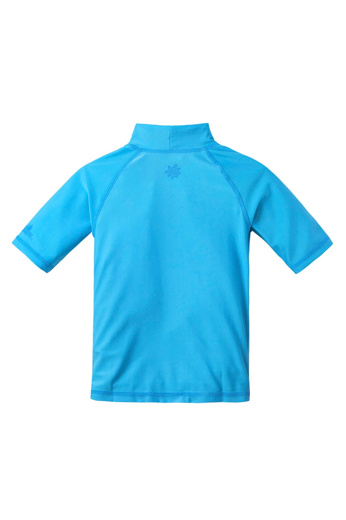 Back of the kid's short sleeve swim shirt in aqua|aqua