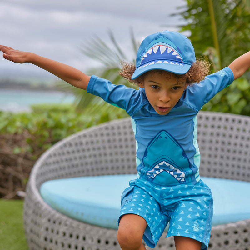 boy jumping in short sleeve adventure sun & swim shirt|shark-bite