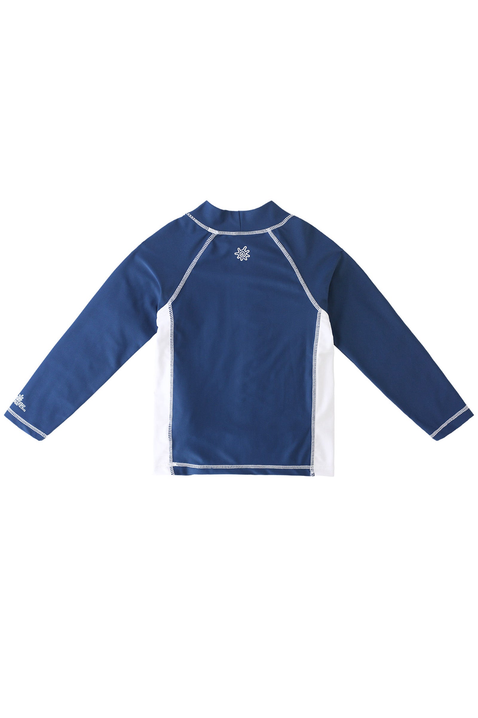 Back of the boy's long sleeve active swim shirt in midnight ombre wave