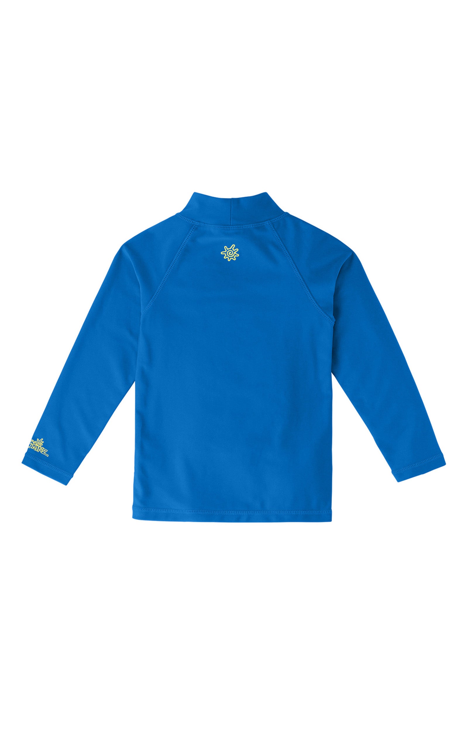 Back of the kid's neon long sleeve swim shirt in neon blue|neon-blue
