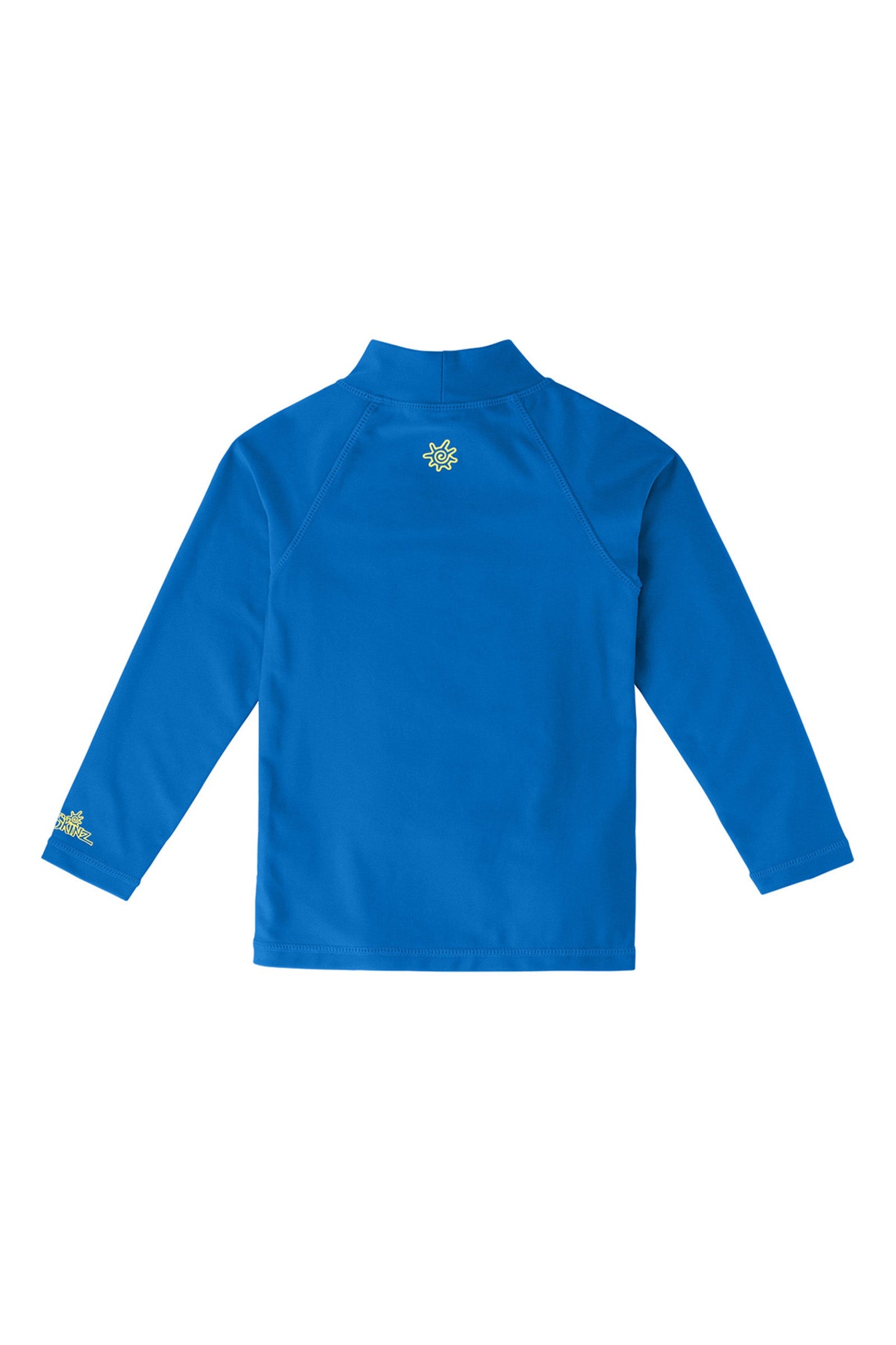 Back of the kid's neon long sleeve swim shirt in neon blue|neon-blue