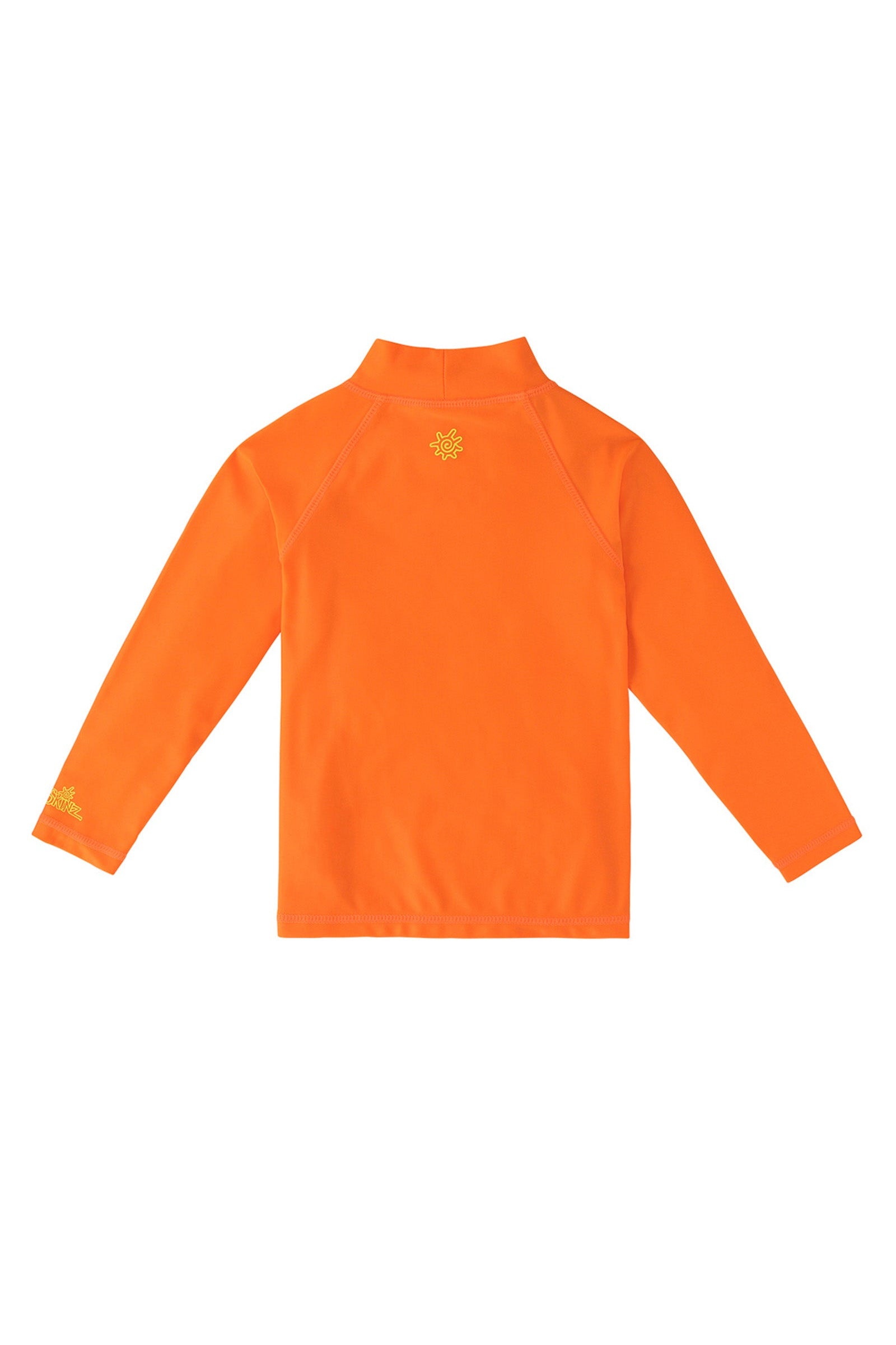 Back of the kid's neon long sleeve swim shirt in neon orange|neon-orange