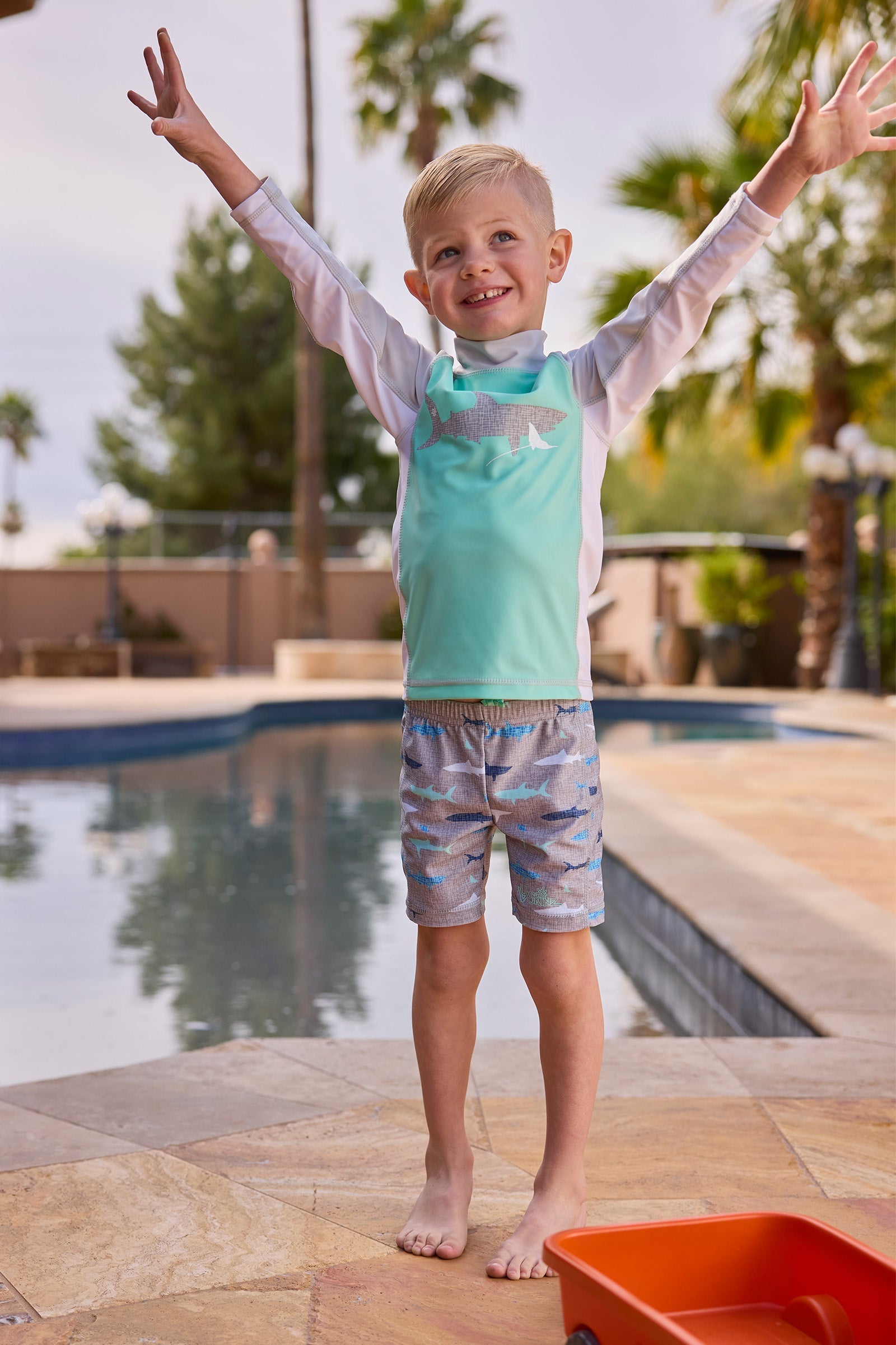 boy by pool in adventure sun swim shirt|vintage-sea-buddies