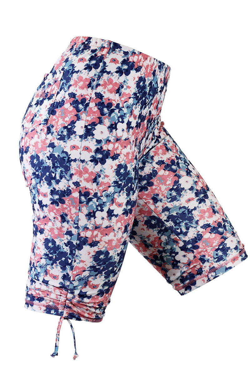 side view of the women's long swim shorts in monet garden|monet-garden