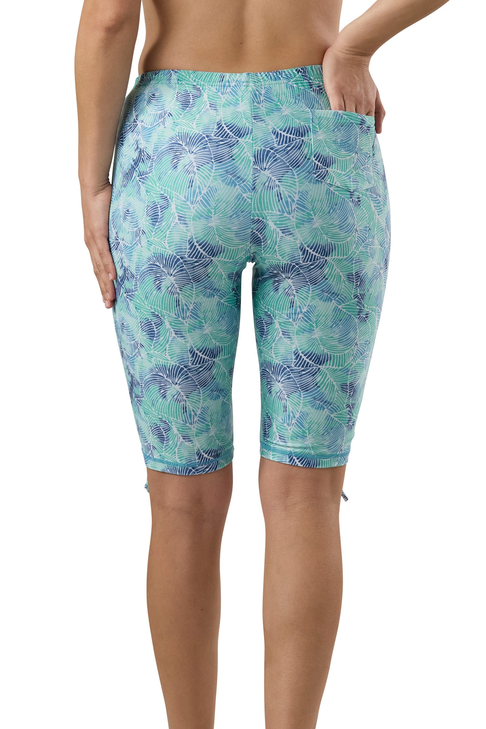 back view of the women's long swim shorts in watercolor tie dye|watercolor-tie-dye