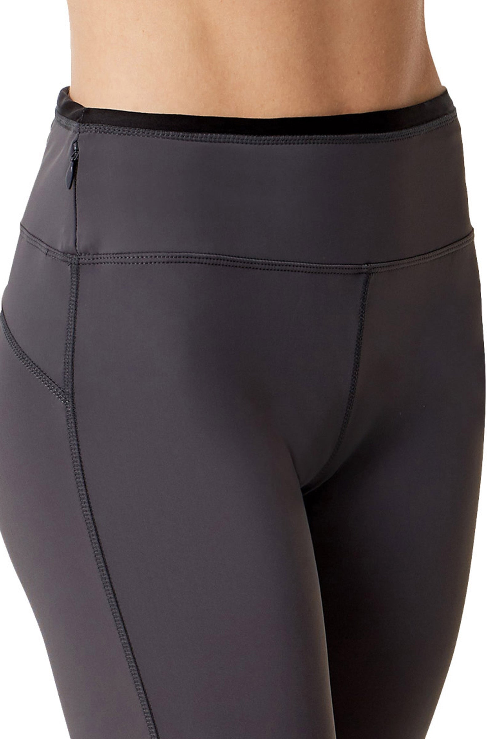Close Up View of the Women's Active Sport Swim Tights in Charcoal|charcoal