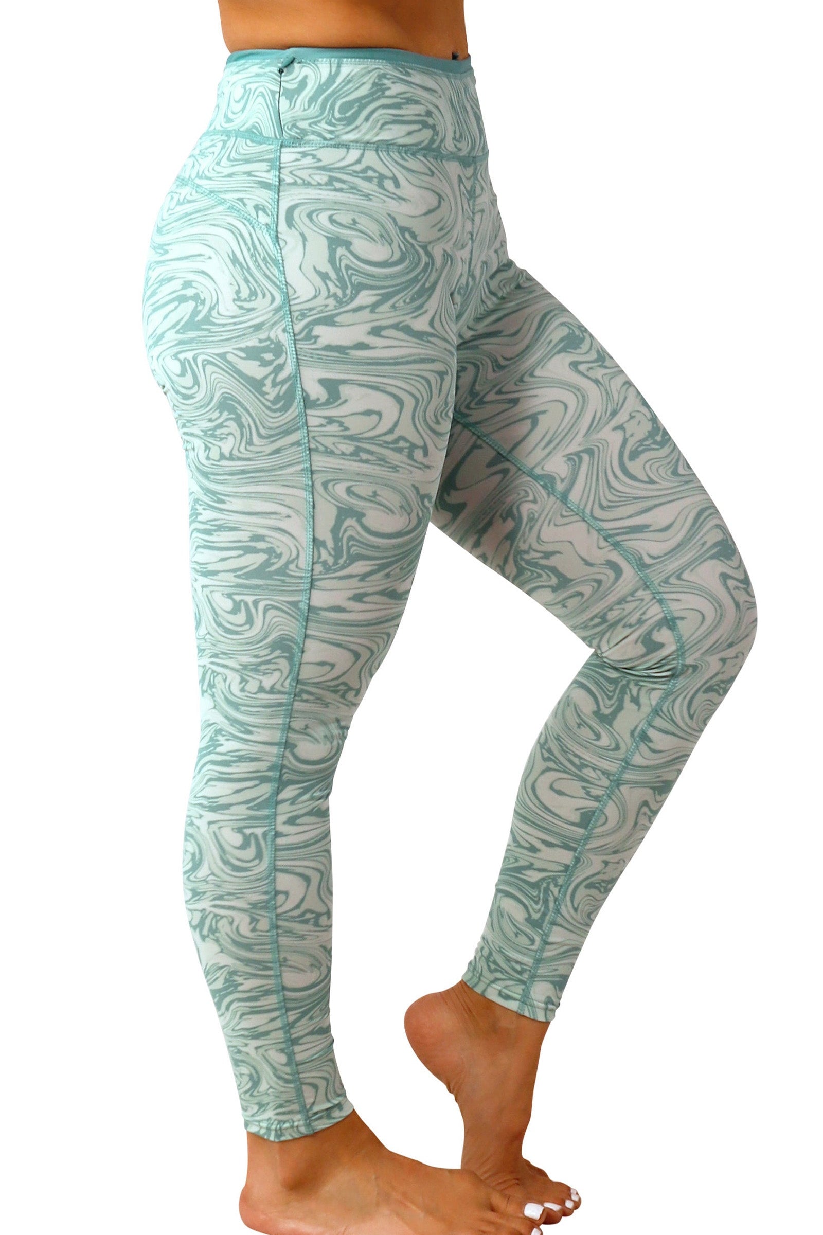 side view of women's active sport swim leggingz in river marble|river-marble