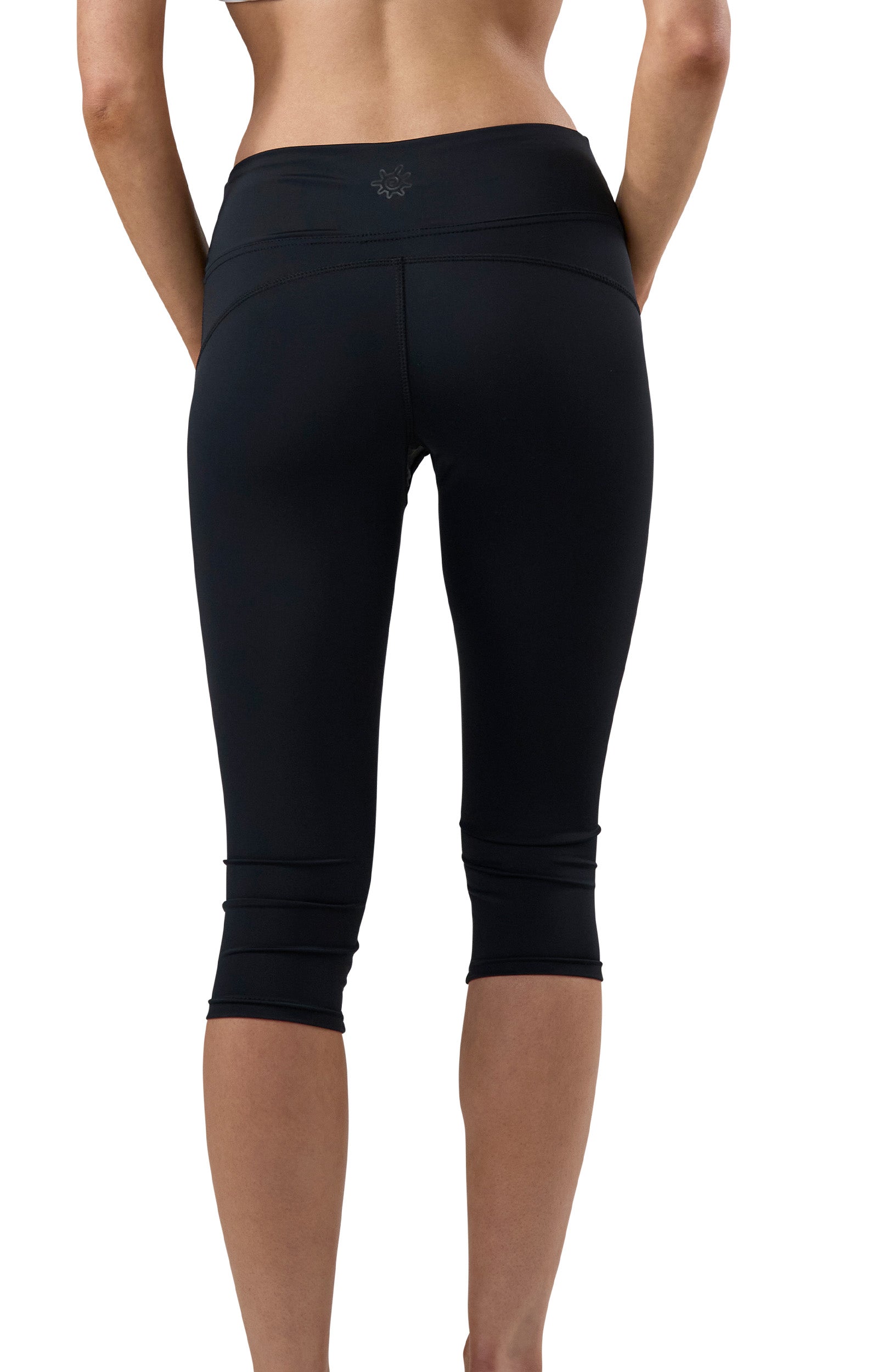 back view of uv skinz women's active sport swim capris in black|black
