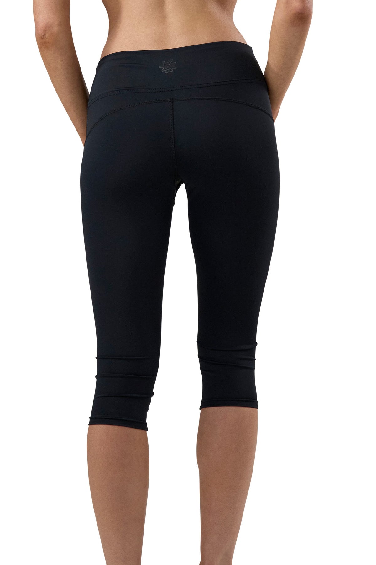 back view of uv skinz women's active sport swim capris in black|black