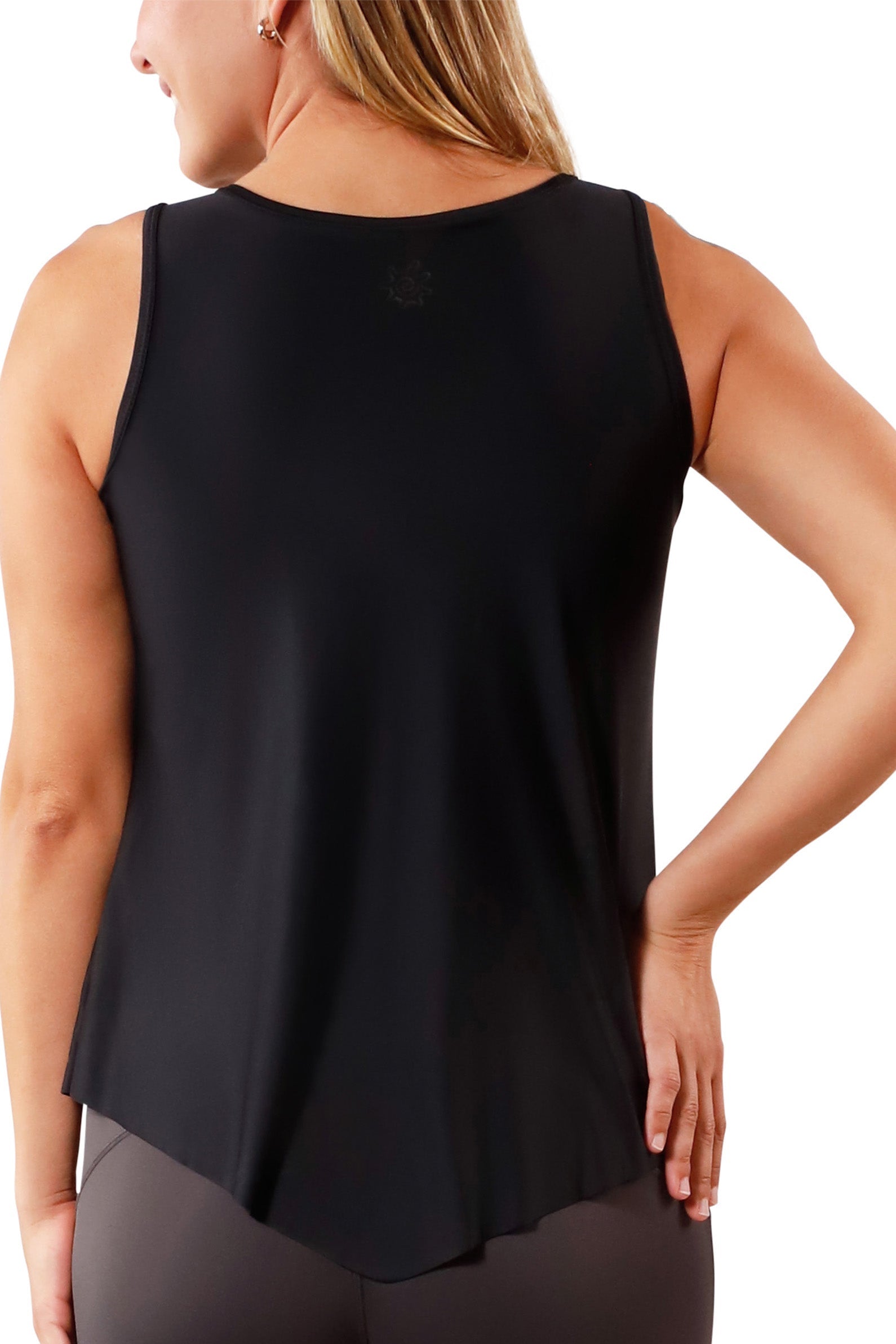 back view of women's UPF tank top in black|black