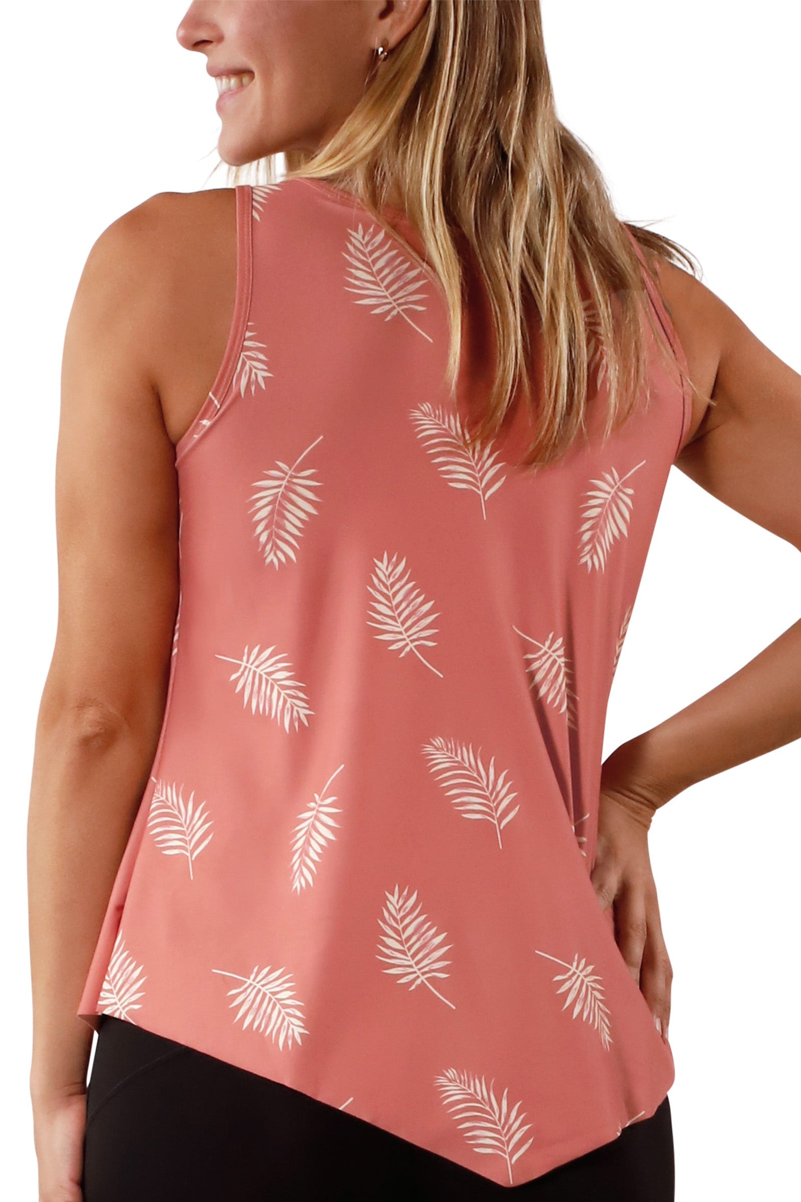 back view of women's UPF tank top in canyon palm|canyon-palm