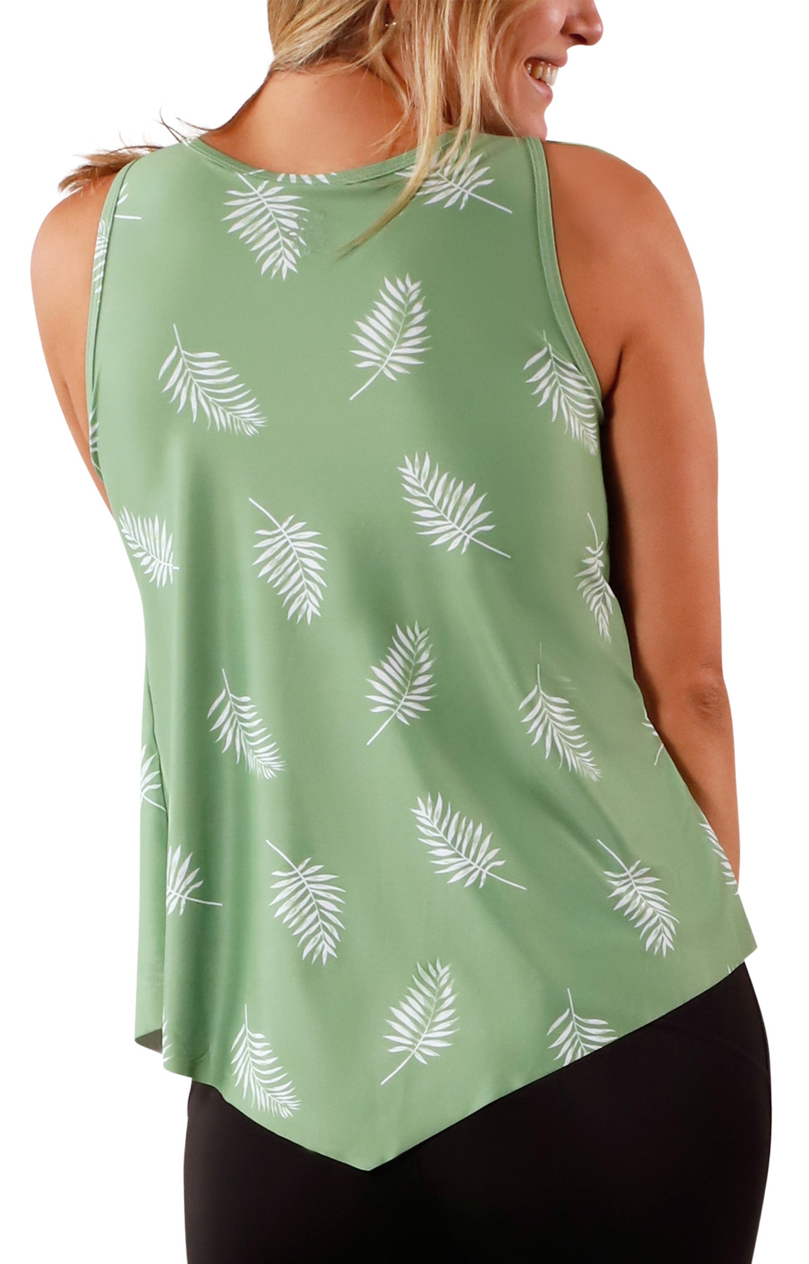 back view of women's UPF tank top in sage palm|sage-palm