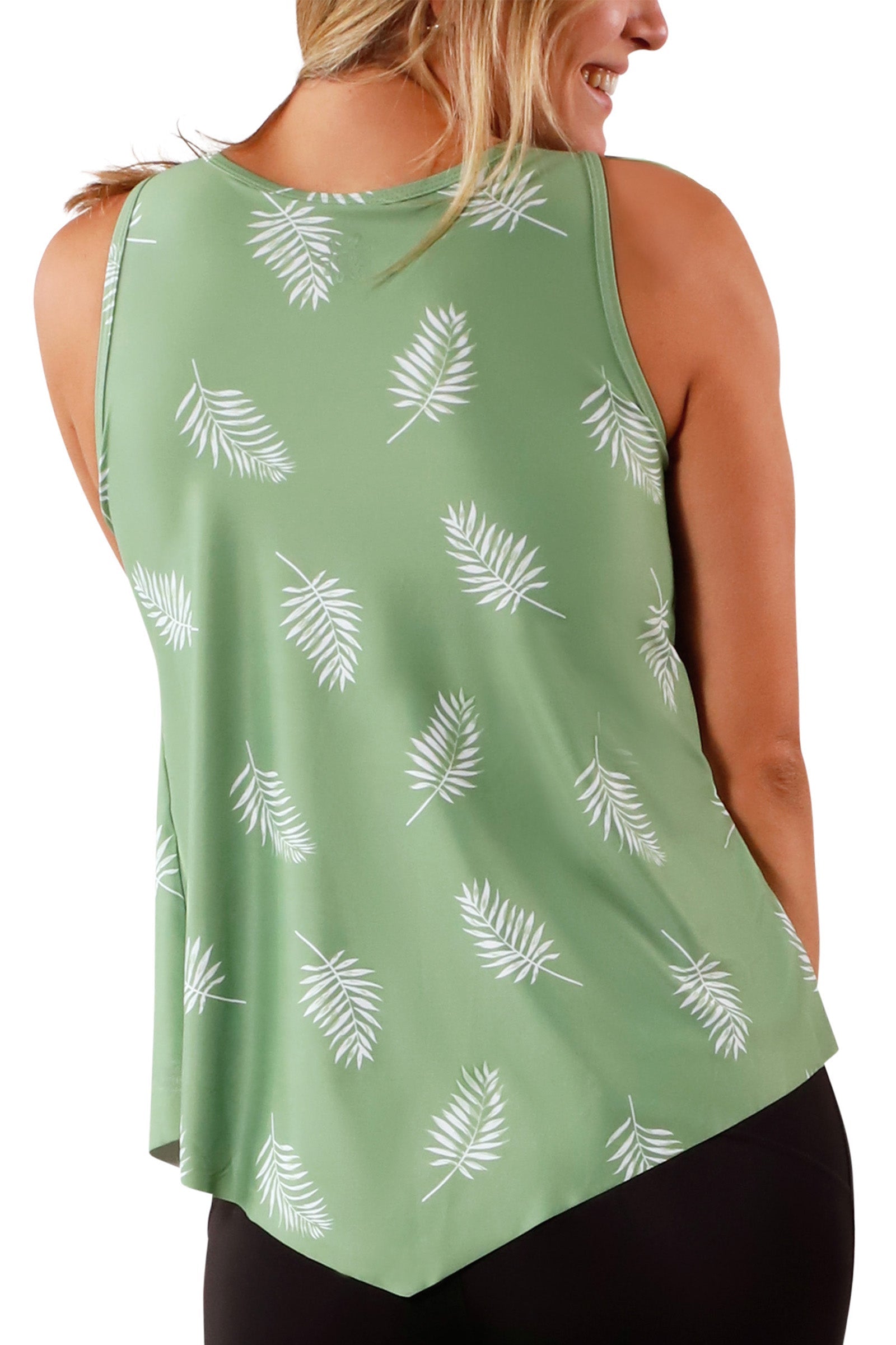 back view of women's UPF tank top in sage palm|sage-palm