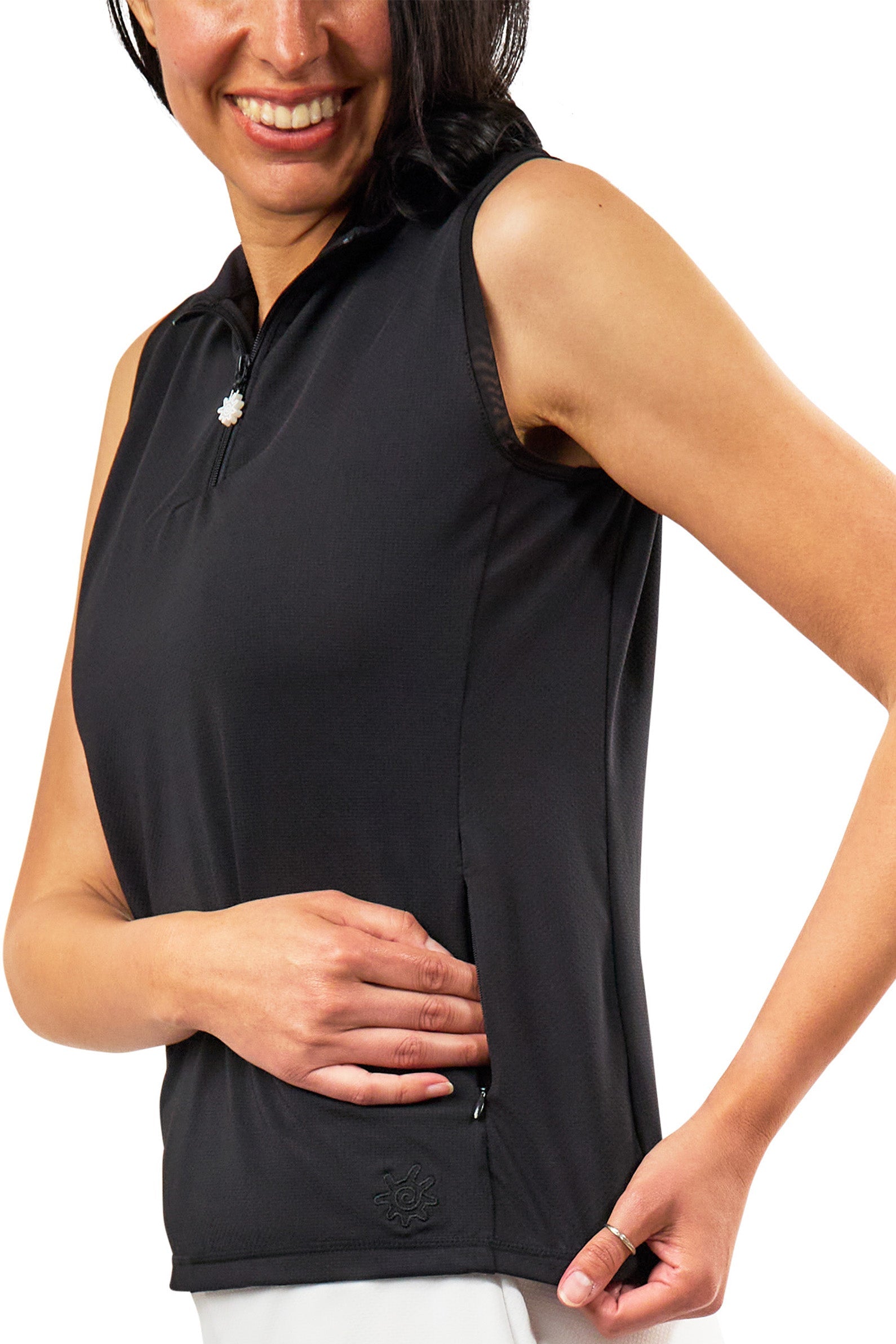 pocket view of womens front zip mock neck suntank in black|black