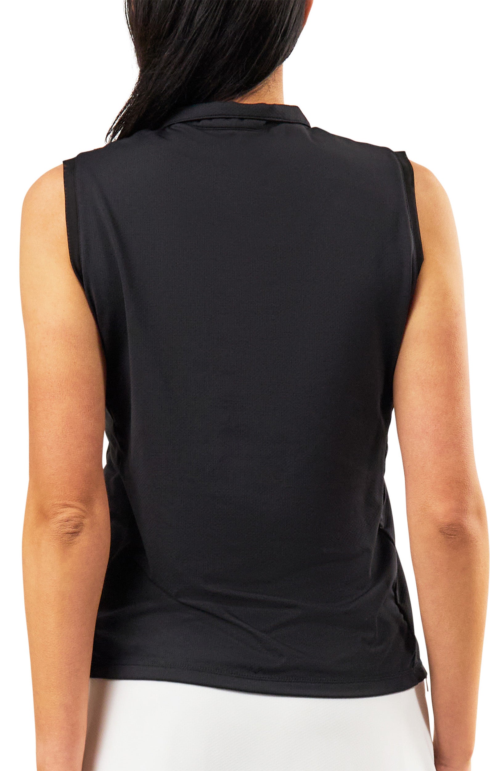 back view of womens front zip mock neck suntank in black|black