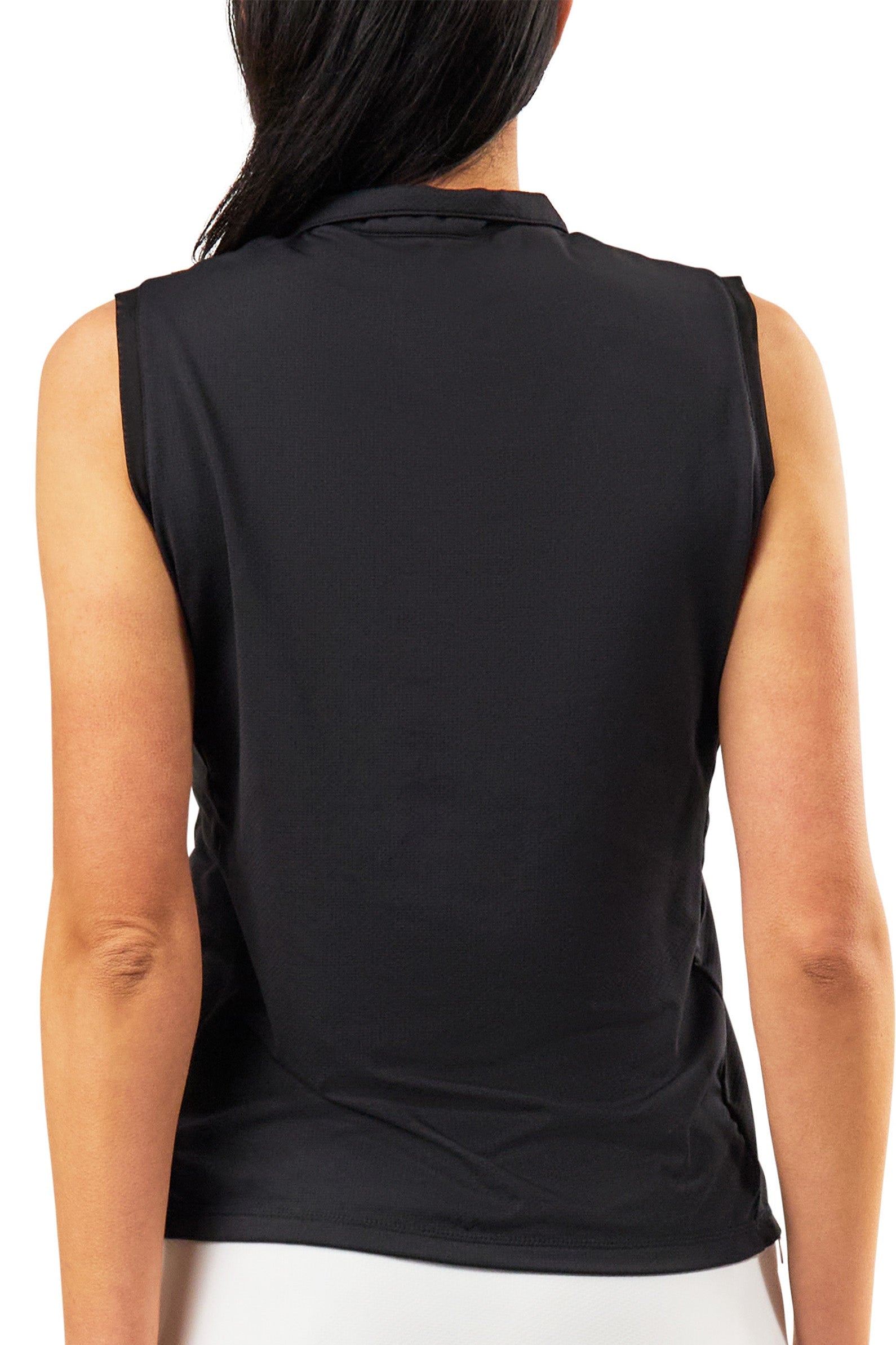 back view of womens front zip mock neck suntank in black|black