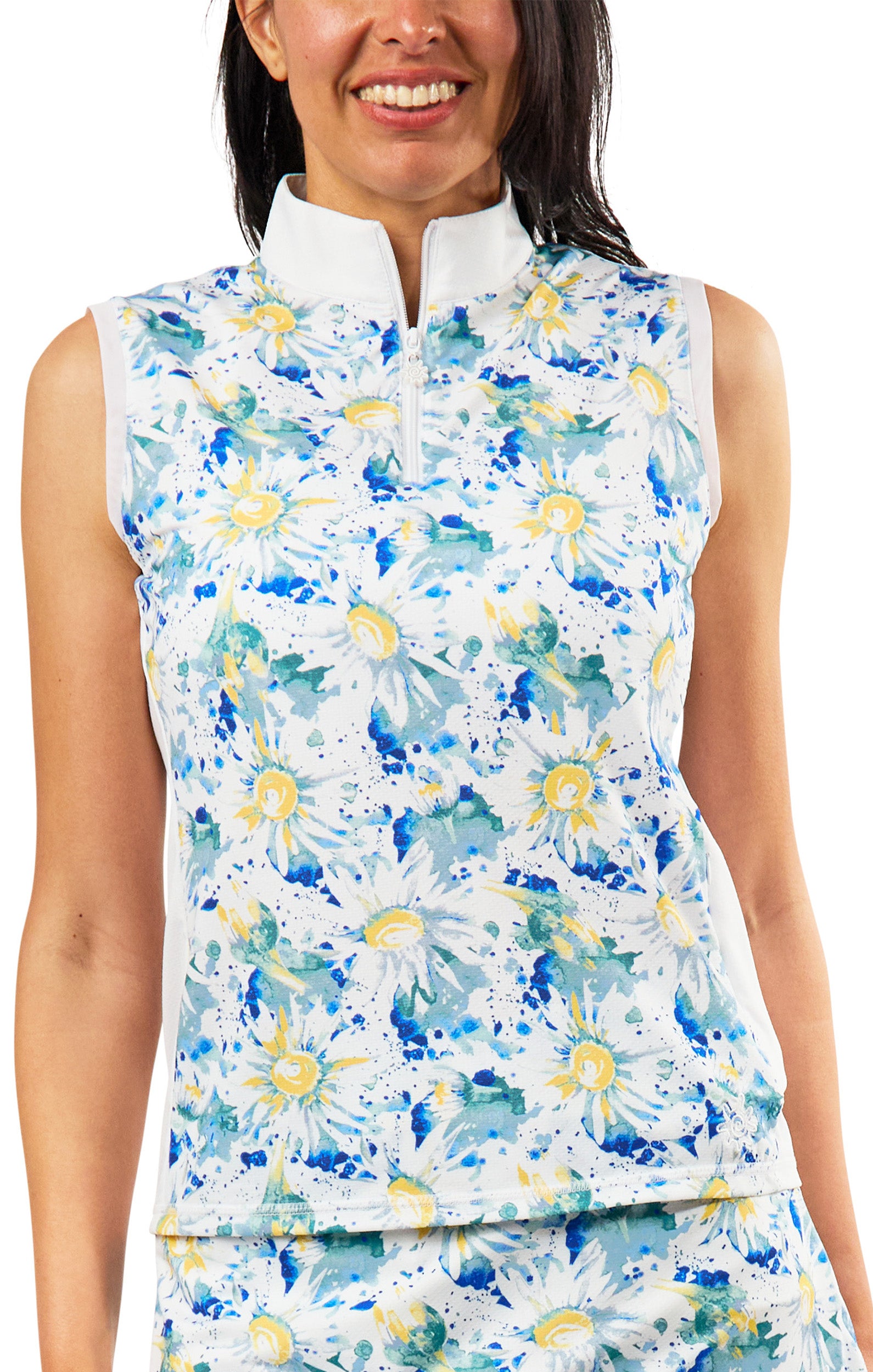 womens front zip mock neck suntank in daisy splash|daisy-splash