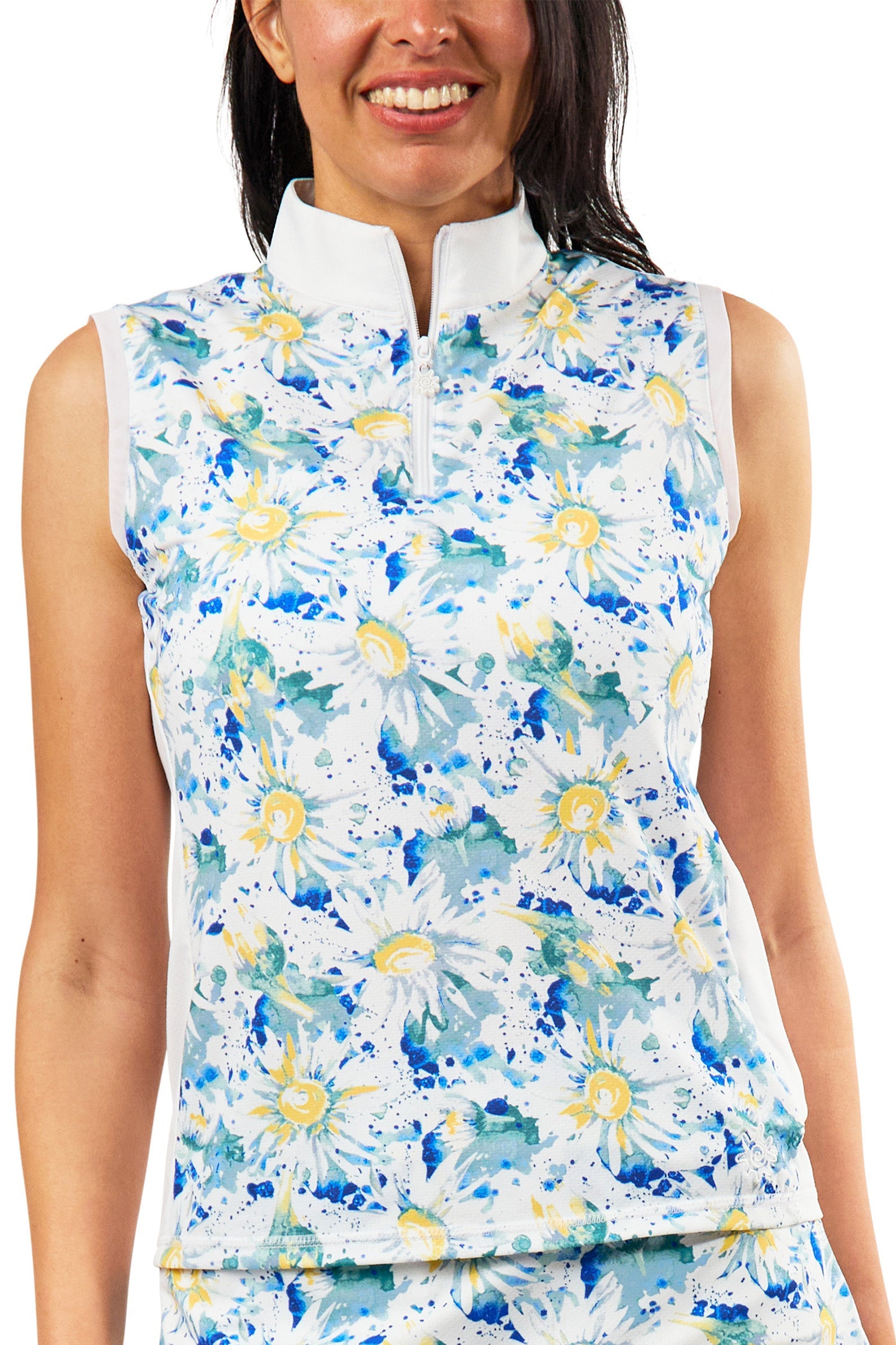 womens front zip mock neck suntank in daisy splash|daisy-splash