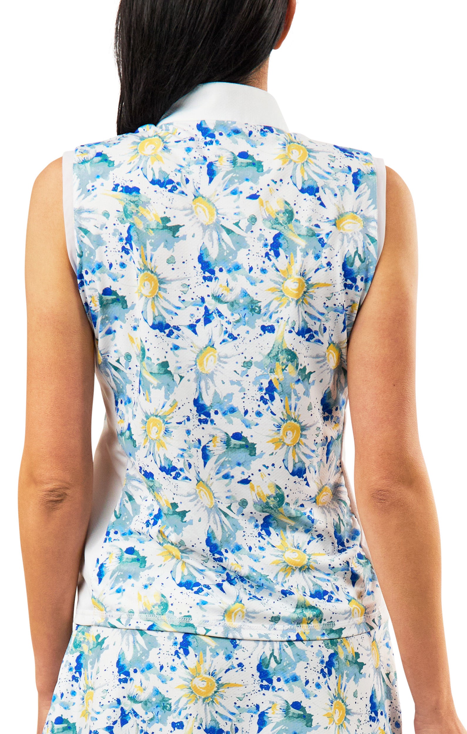 back view of womens front zip mock neck suntank in daisy splash|daisy-splash