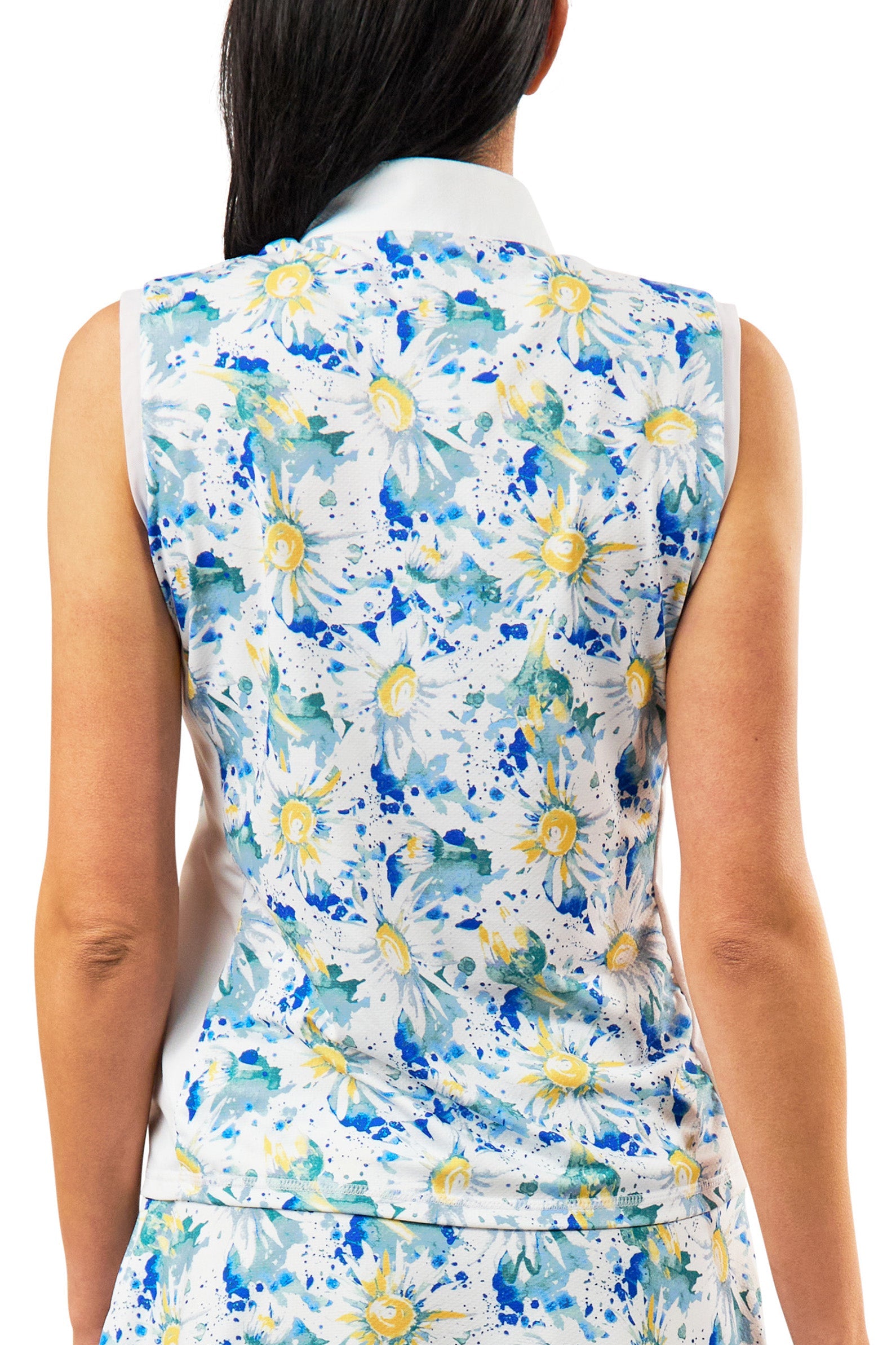 back view of womens front zip mock neck suntank in daisy splash|daisy-splash