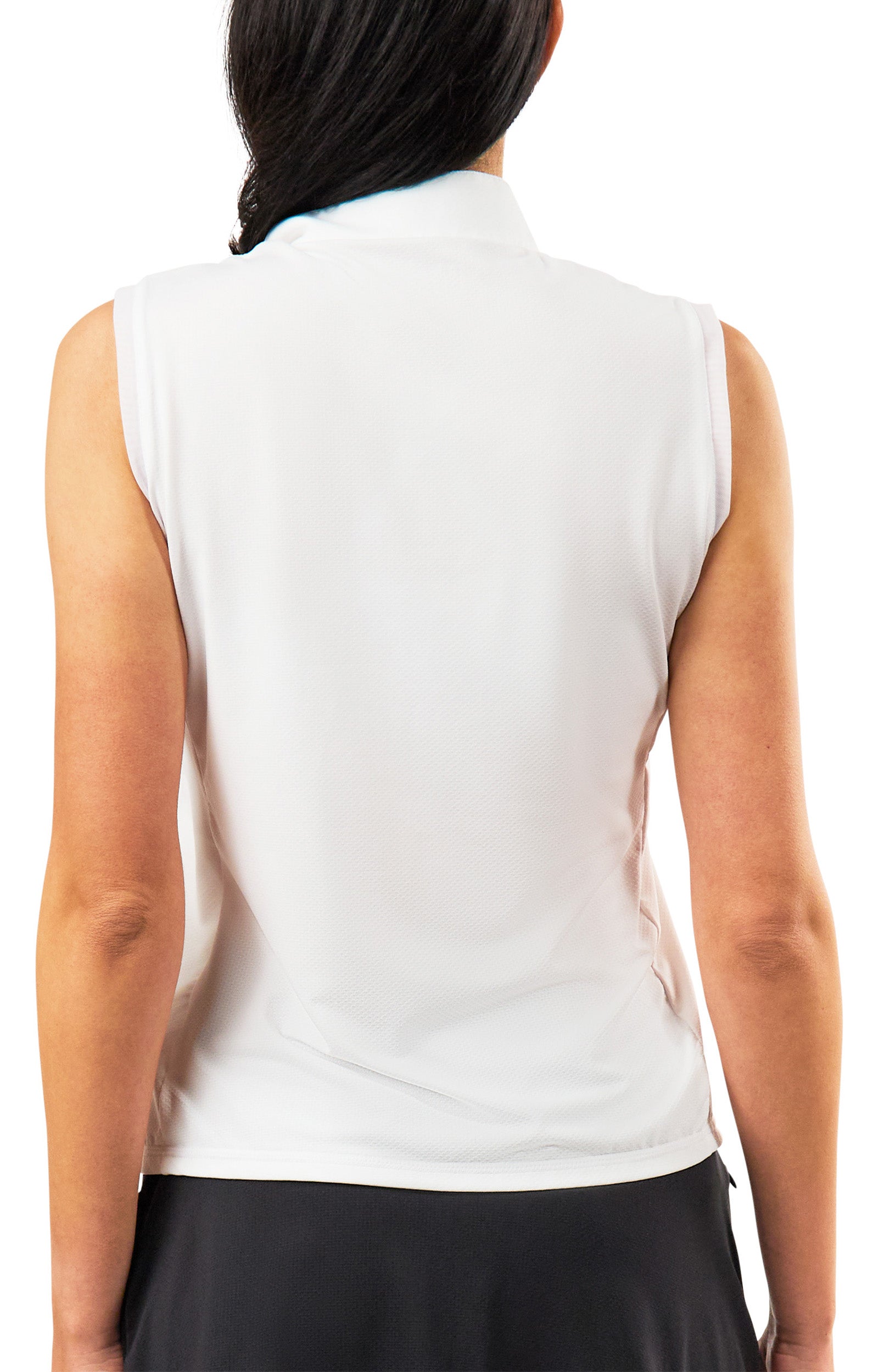 back view of womens front zip mock neck suntank in white|white
