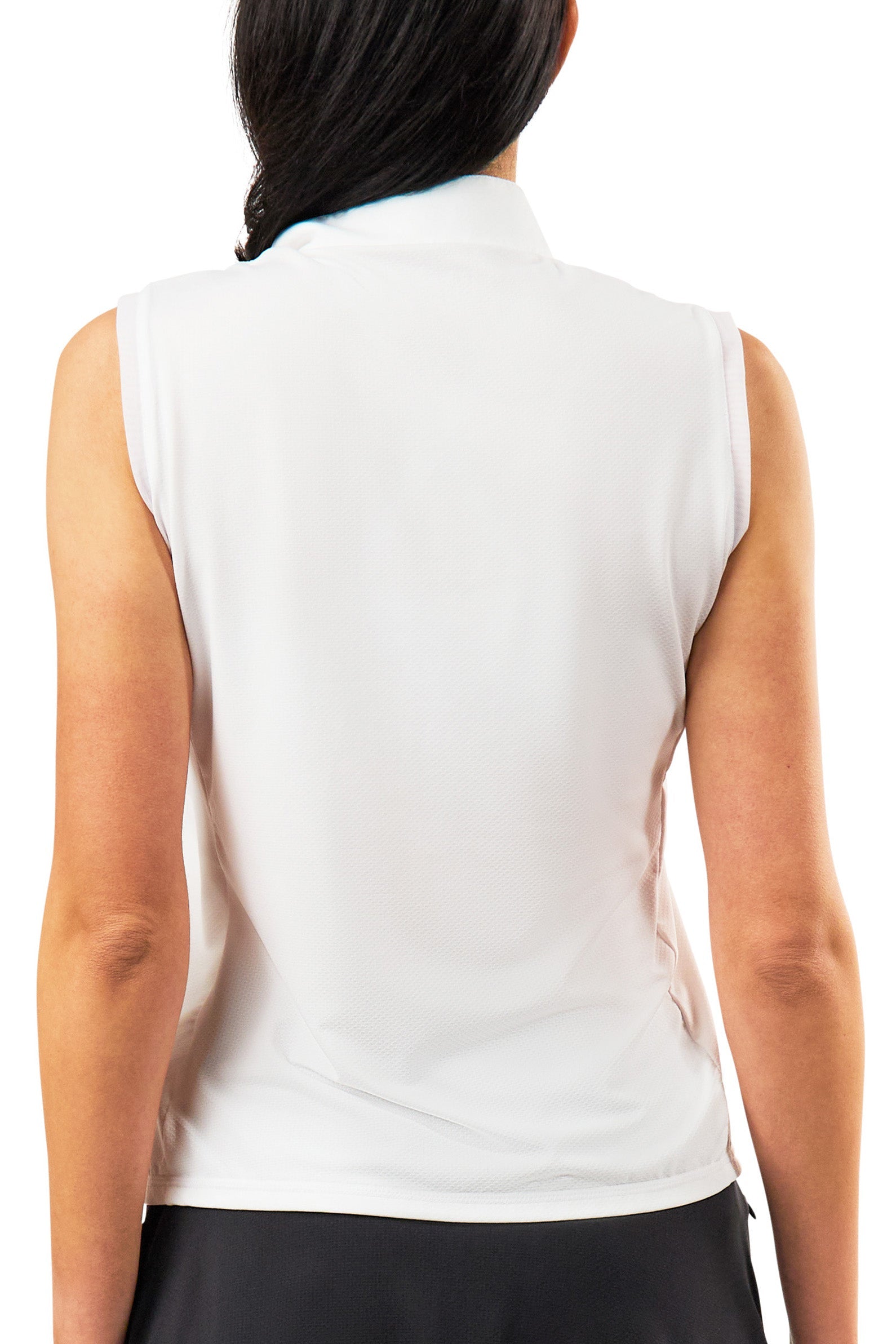 back view of womens front zip mock neck suntank in white|white