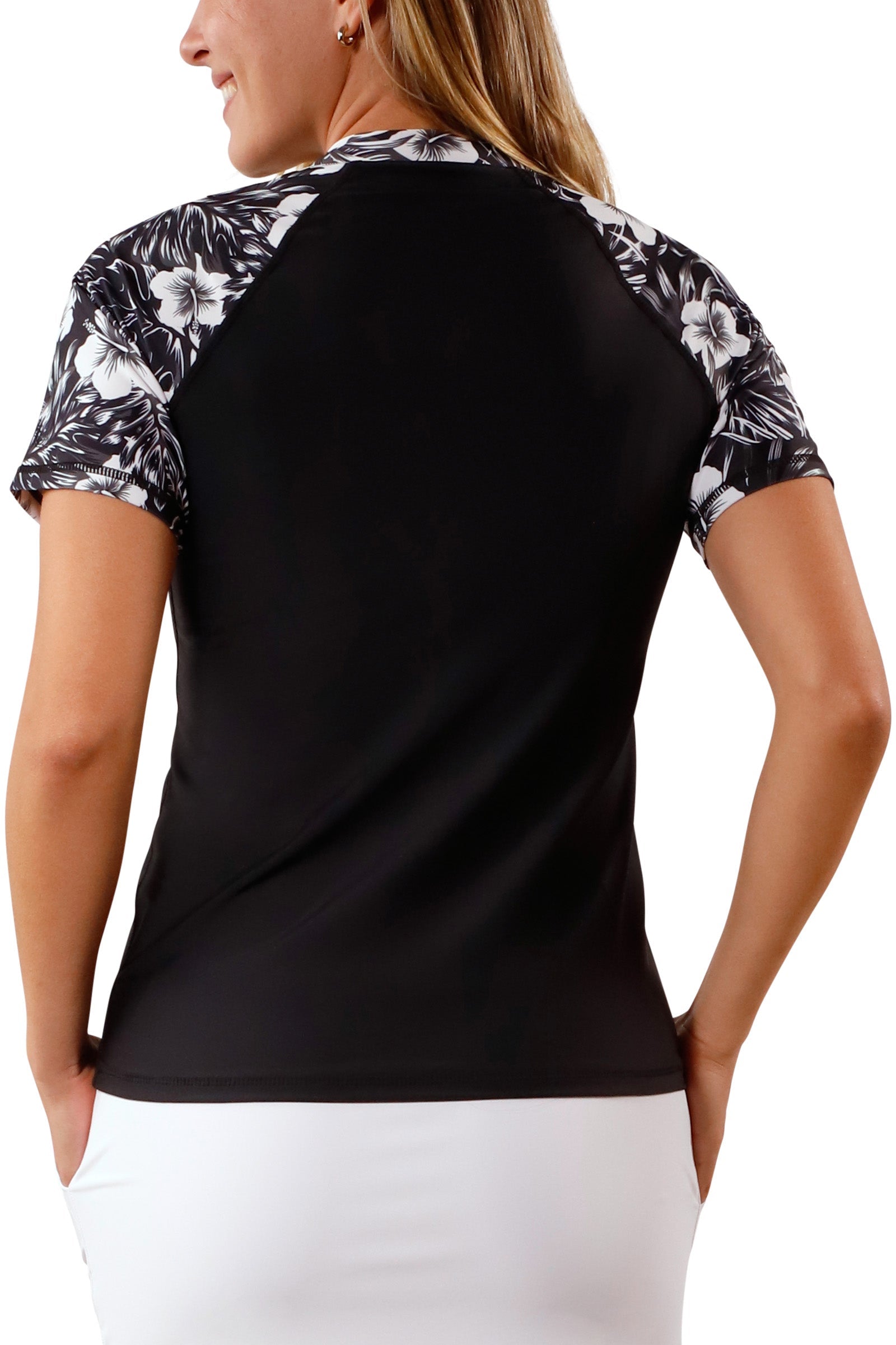 back view of uv skinz women's short sleeve v-neck sun & swim shirt in black paradise|black-paradise