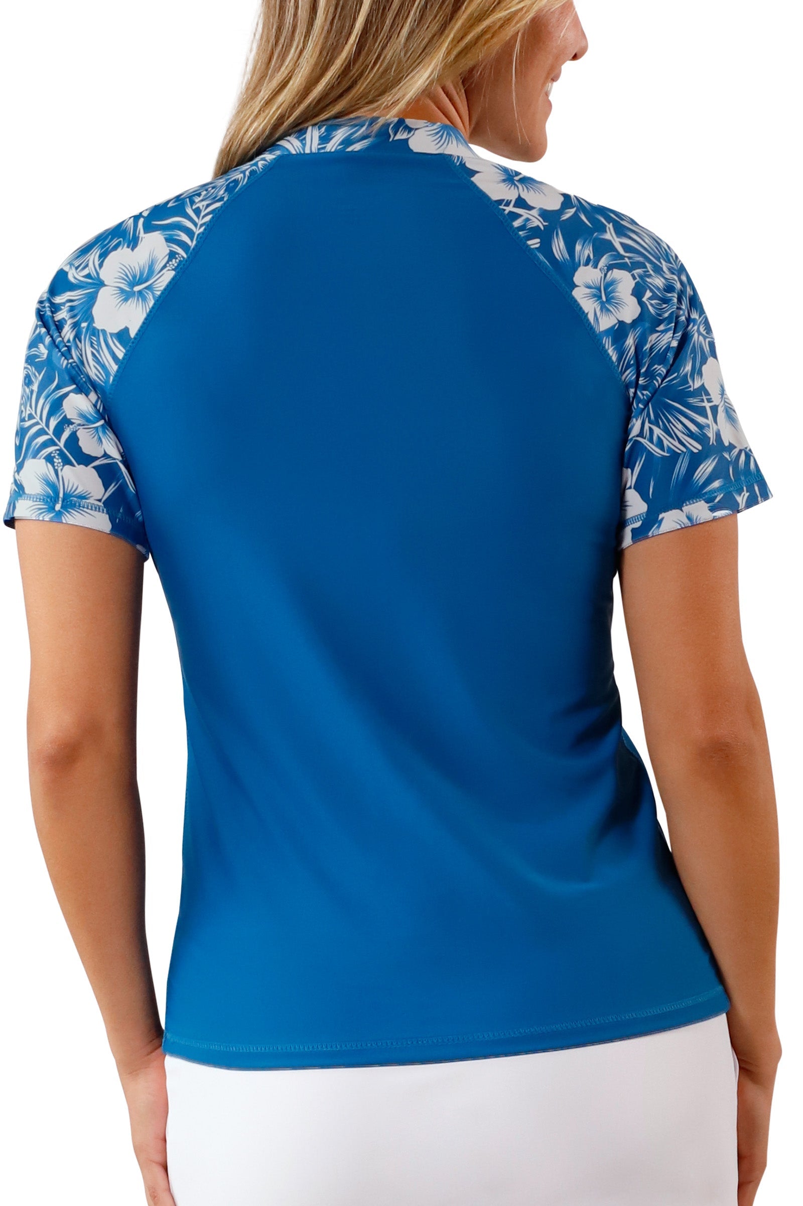 back view of uv skinz women's short sleeve v-neck sun & swim shirt in mykonos paradise|mykonos-paradise