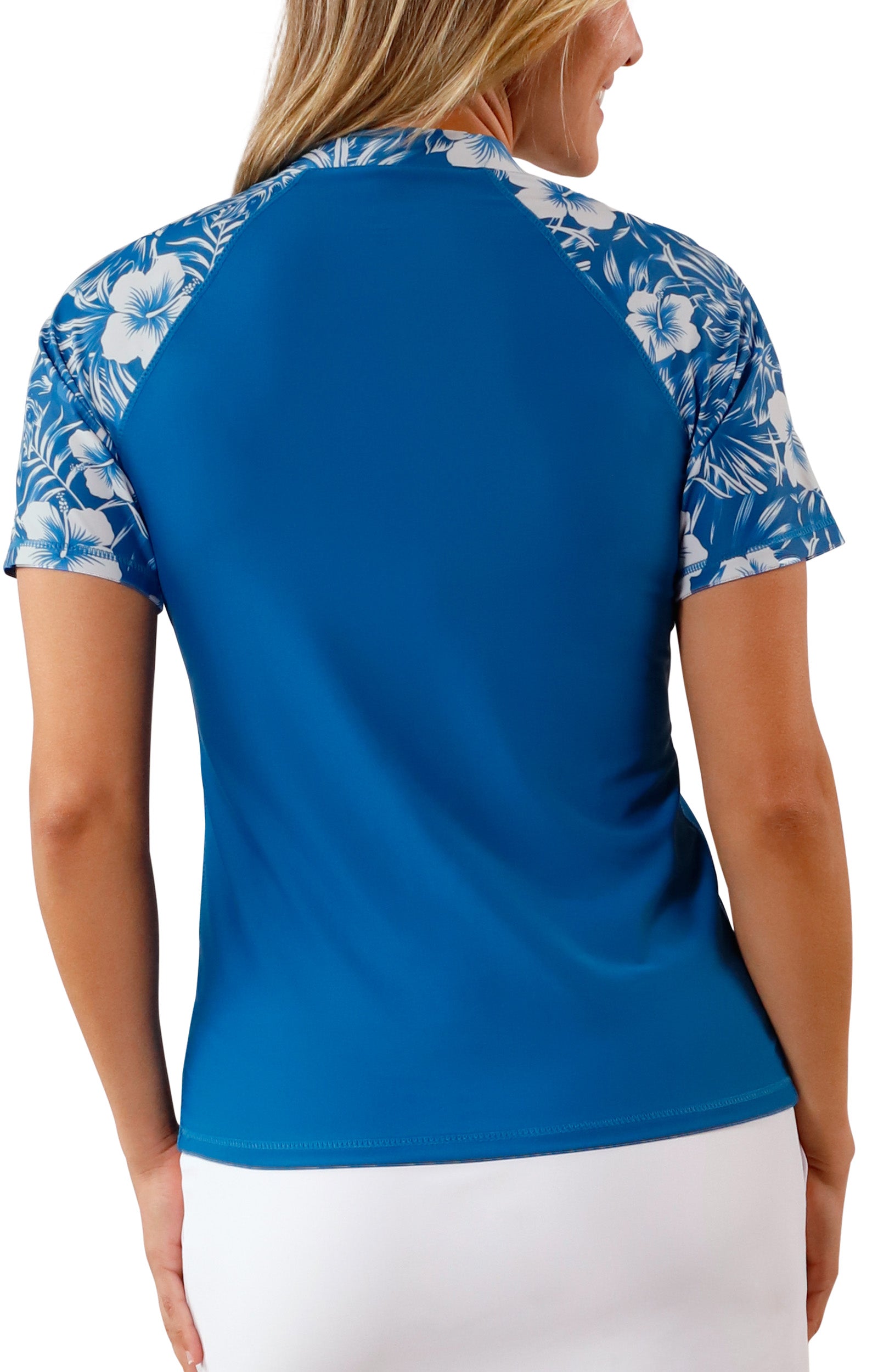back view of uv skinz women's short sleeve v-neck sun & swim shirt in mykonos paradise|mykonos-paradise