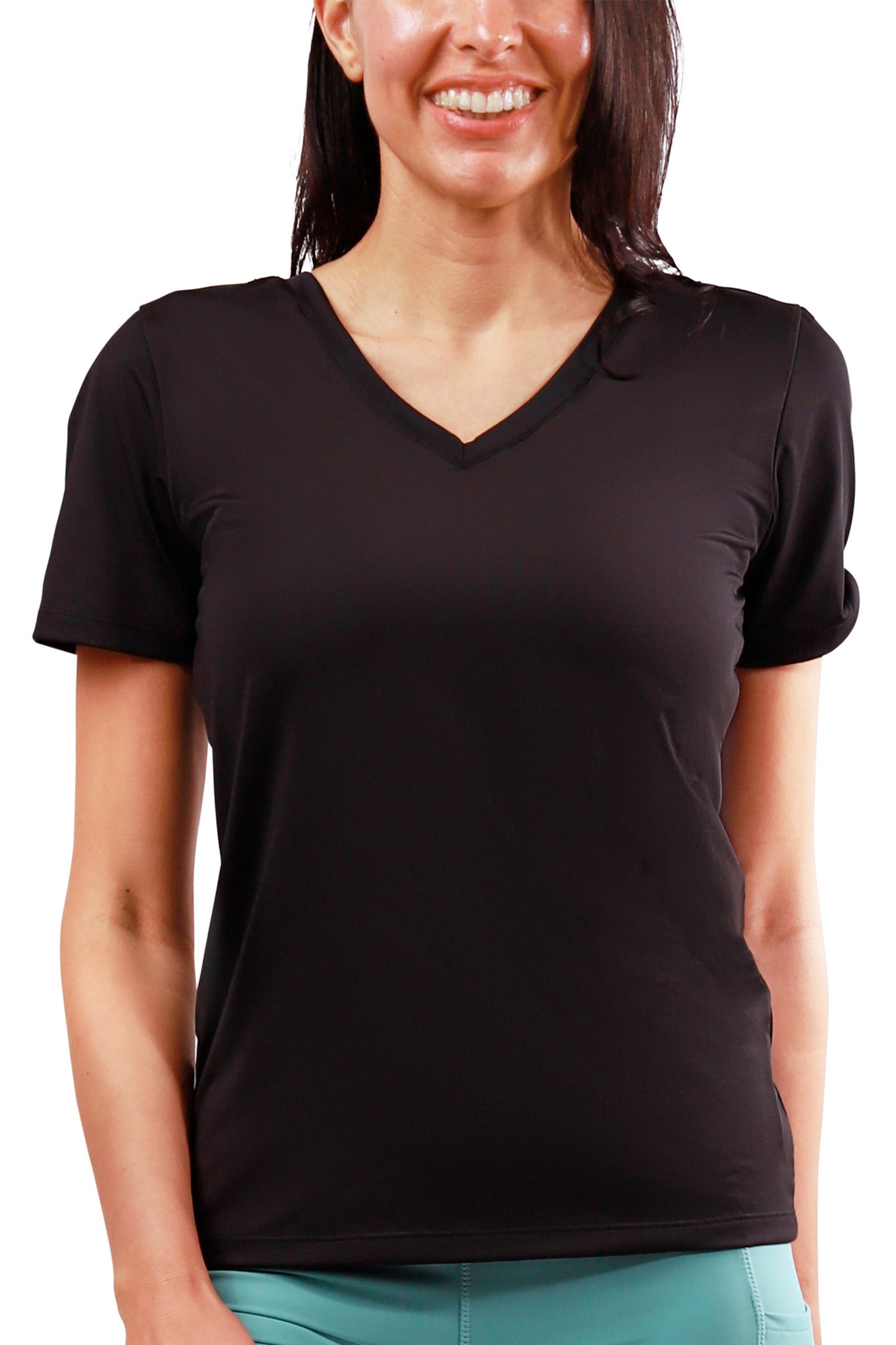 womens short sleeve active reverse neck tee in black|black