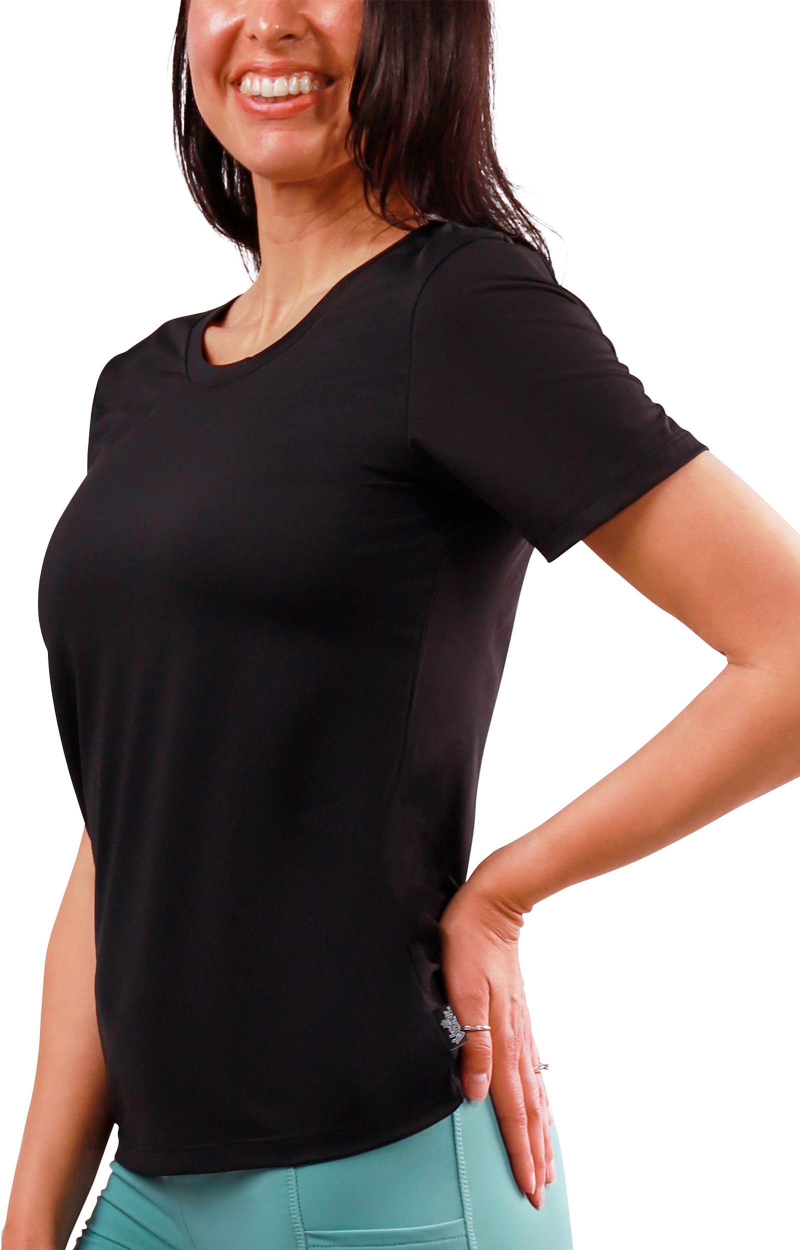 womens short sleeve active reverse neck tee in black|black